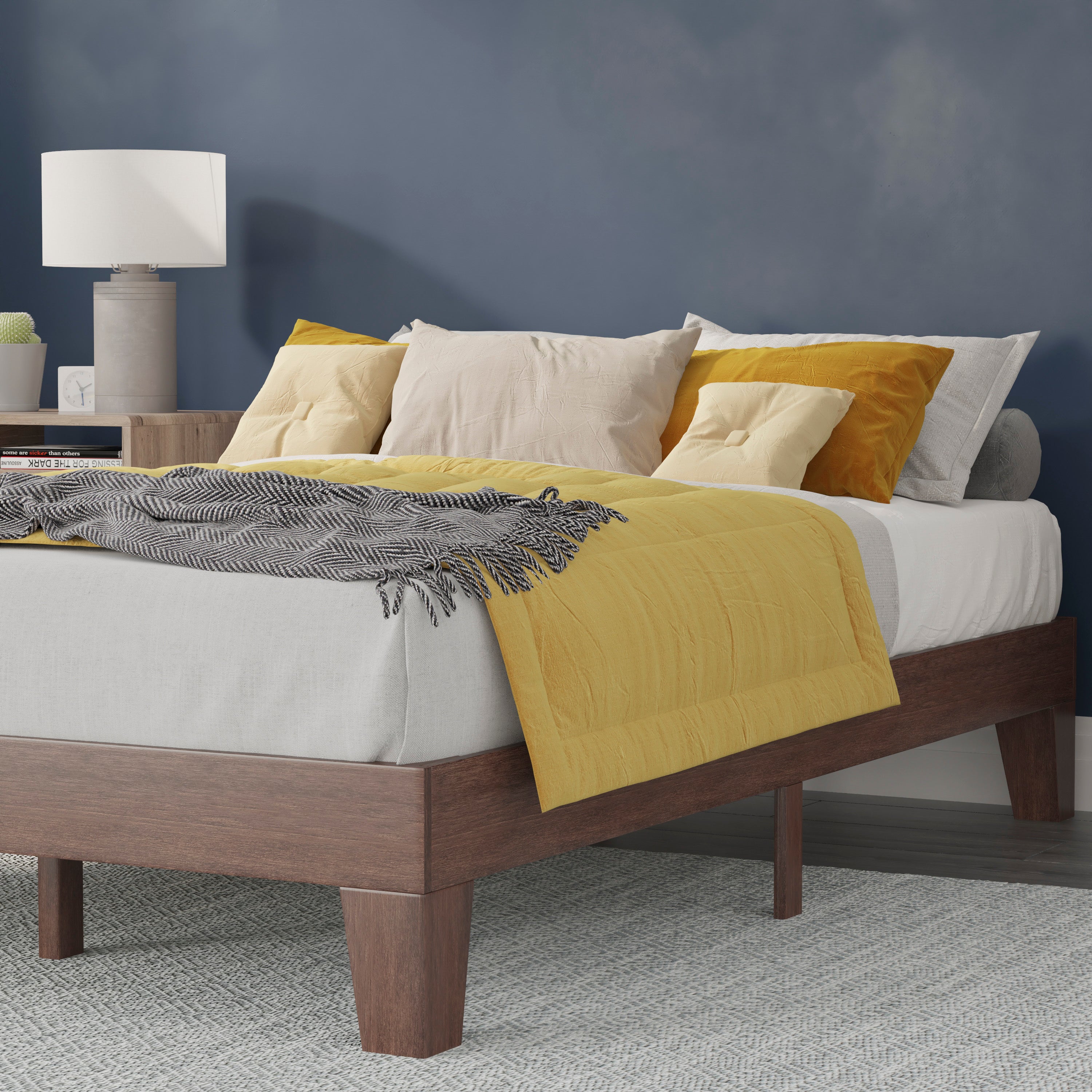 Evelyn Walnut Finish Wood Full Platform Bed with Wooden Support Slats, No Box Spring Required