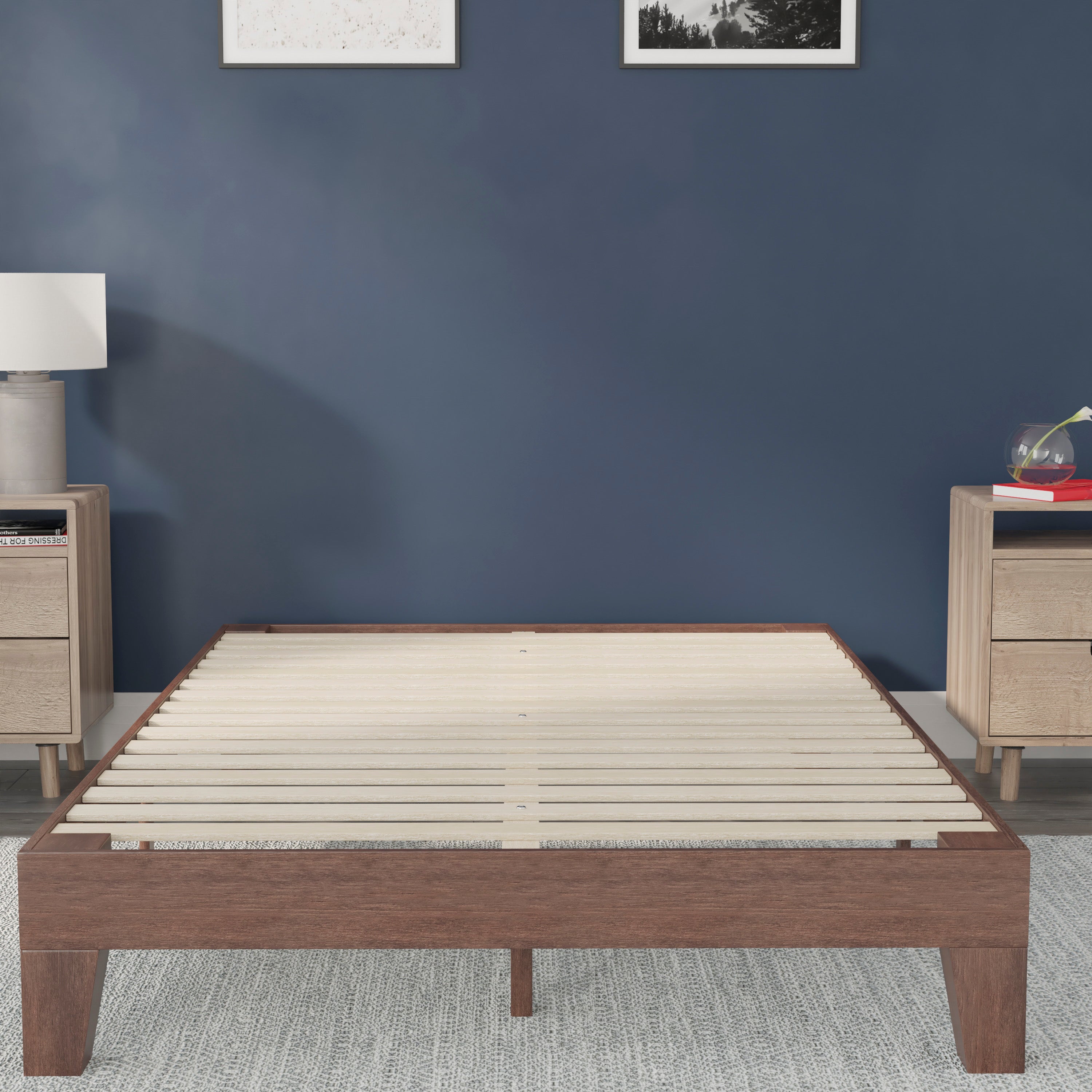 Evelyn Walnut Finish Wood Full Platform Bed with Wooden Support Slats, No Box Spring Required