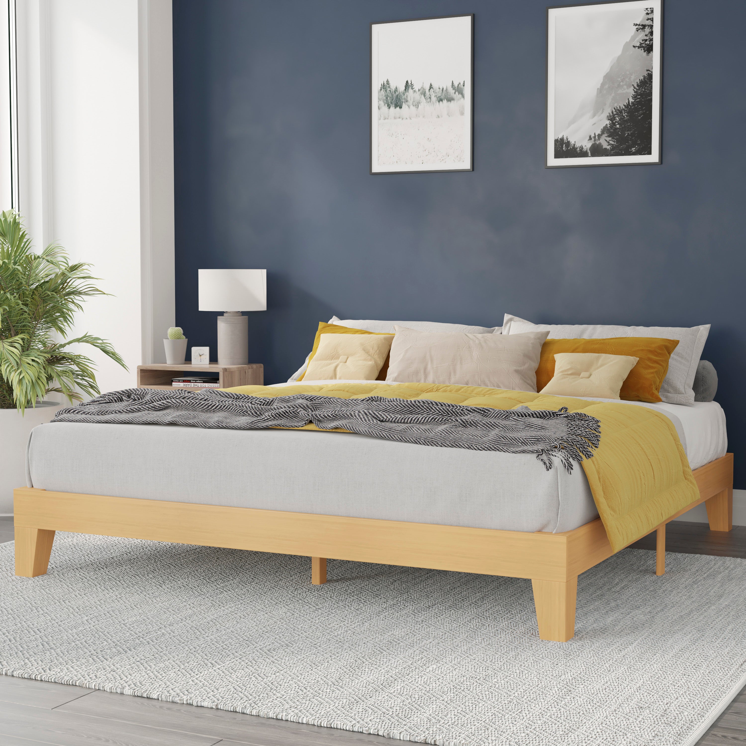 Evelyn Natural Pine Finish Wood King Platform Bed with Wooden Support Slats, No Box Spring Required