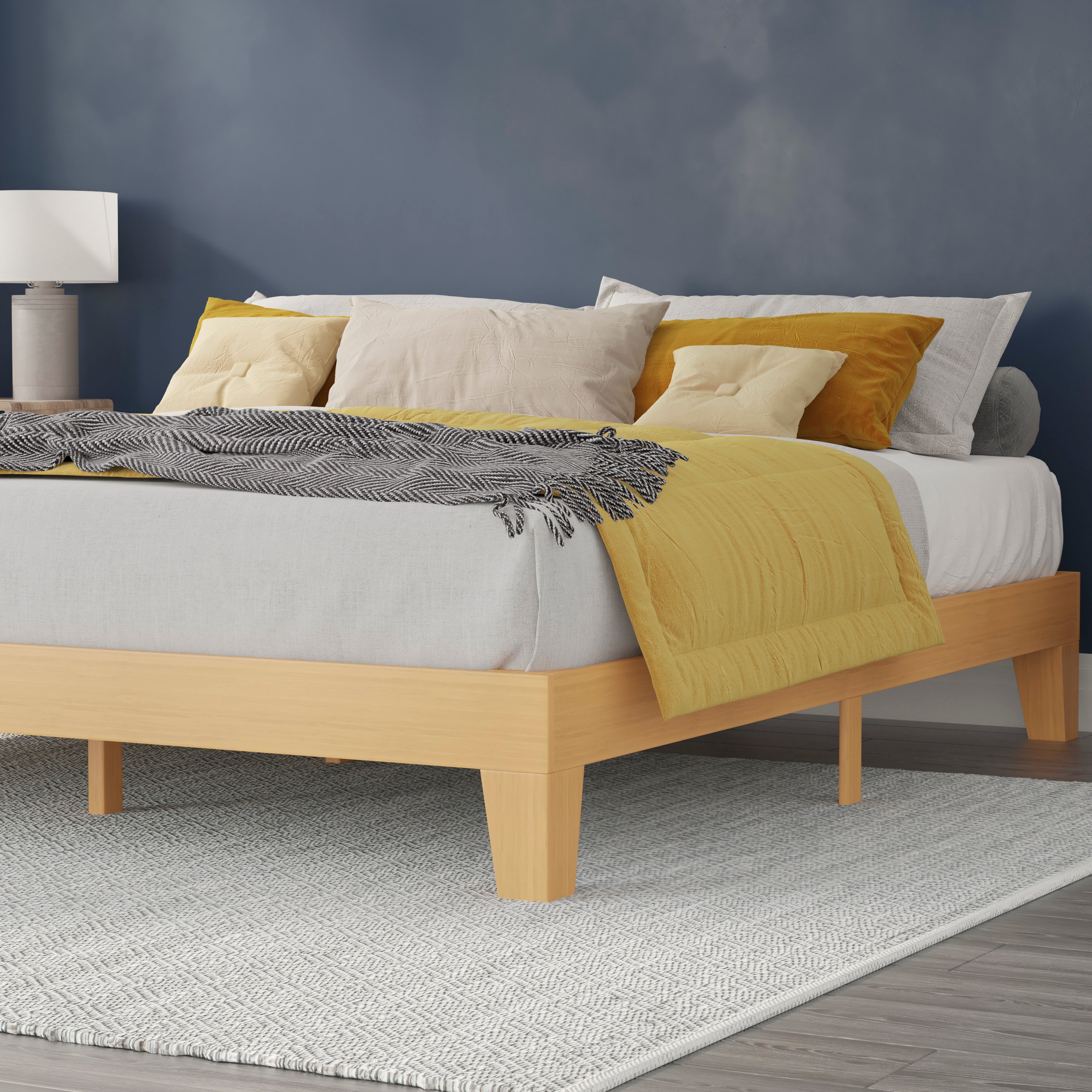 Evelyn Natural Pine Finish Wood King Platform Bed with Wooden Support Slats, No Box Spring Required