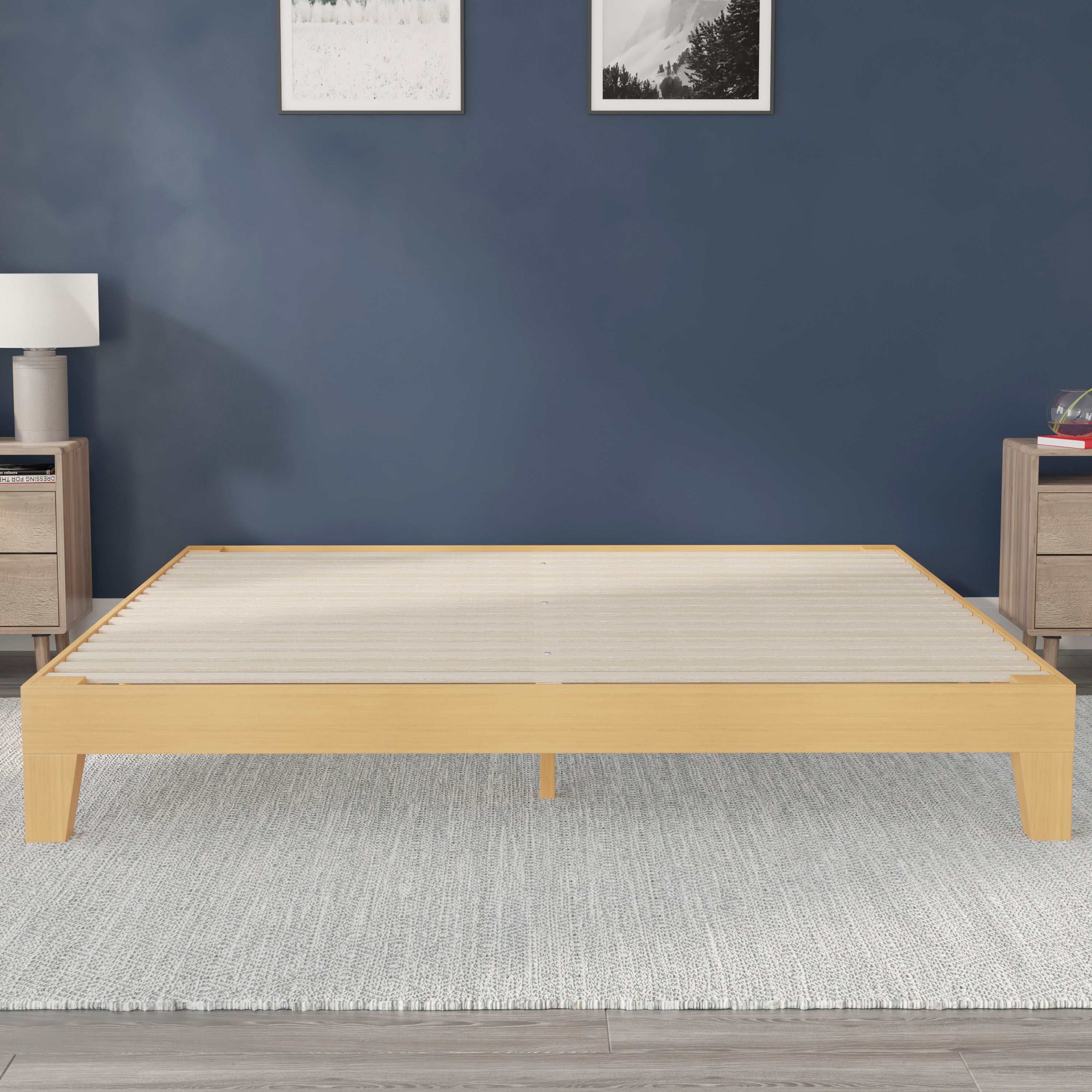 Evelyn Natural Pine Finish Wood King Platform Bed with Wooden Support Slats, No Box Spring Required