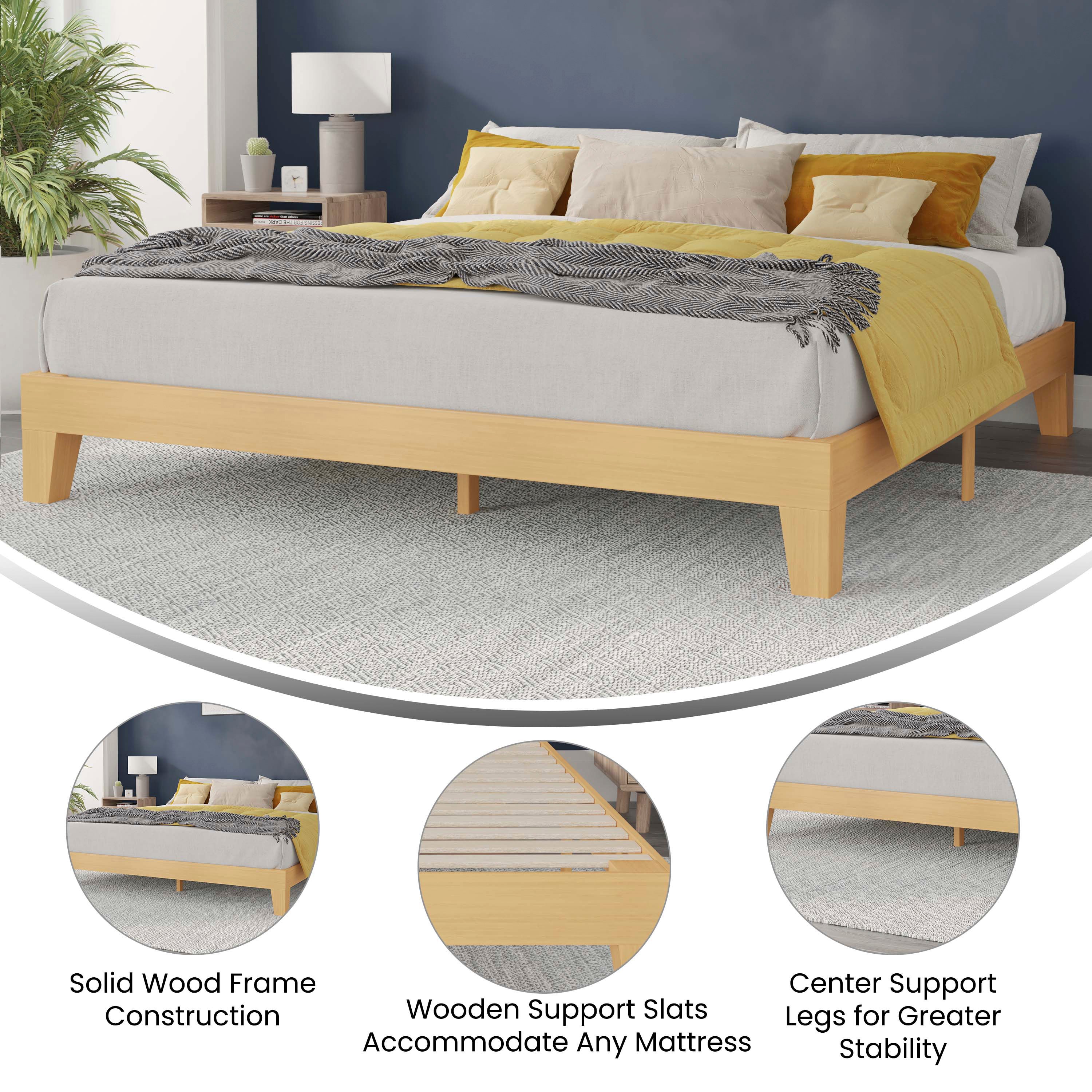 Evelyn Natural Pine Finish Wood King Platform Bed with Wooden Support Slats, No Box Spring Required