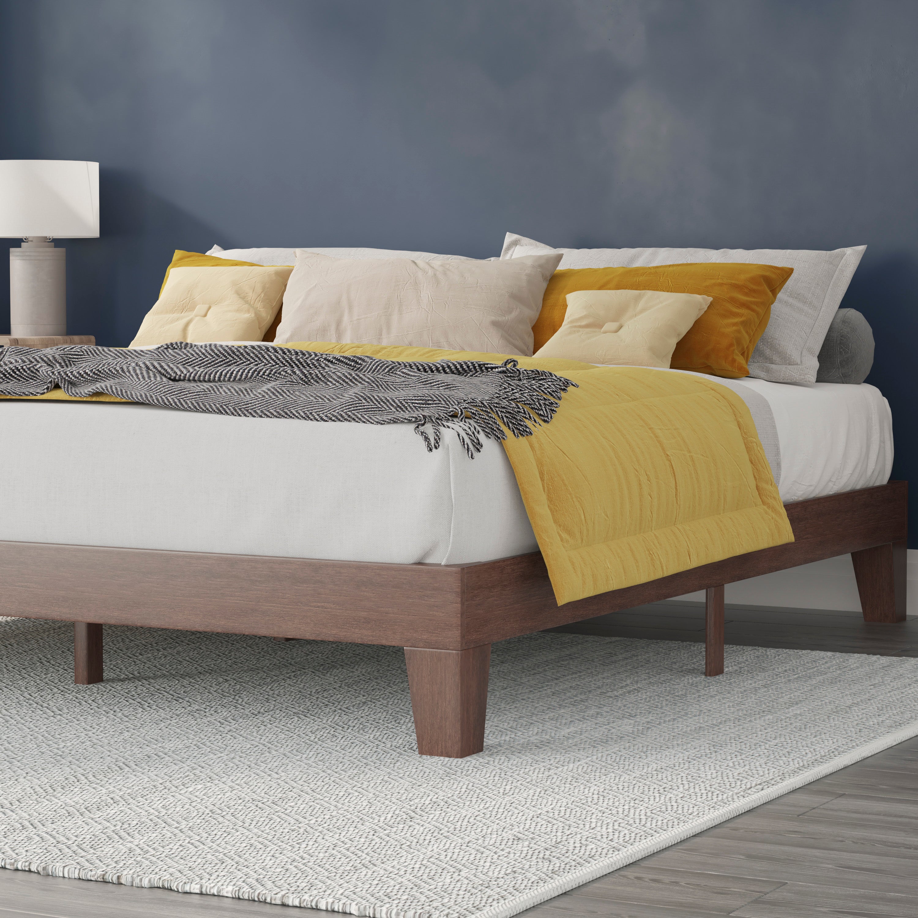 Evelyn Walnut Finish Wood King Platform Bed with Wooden Support Slats, No Box Spring Required