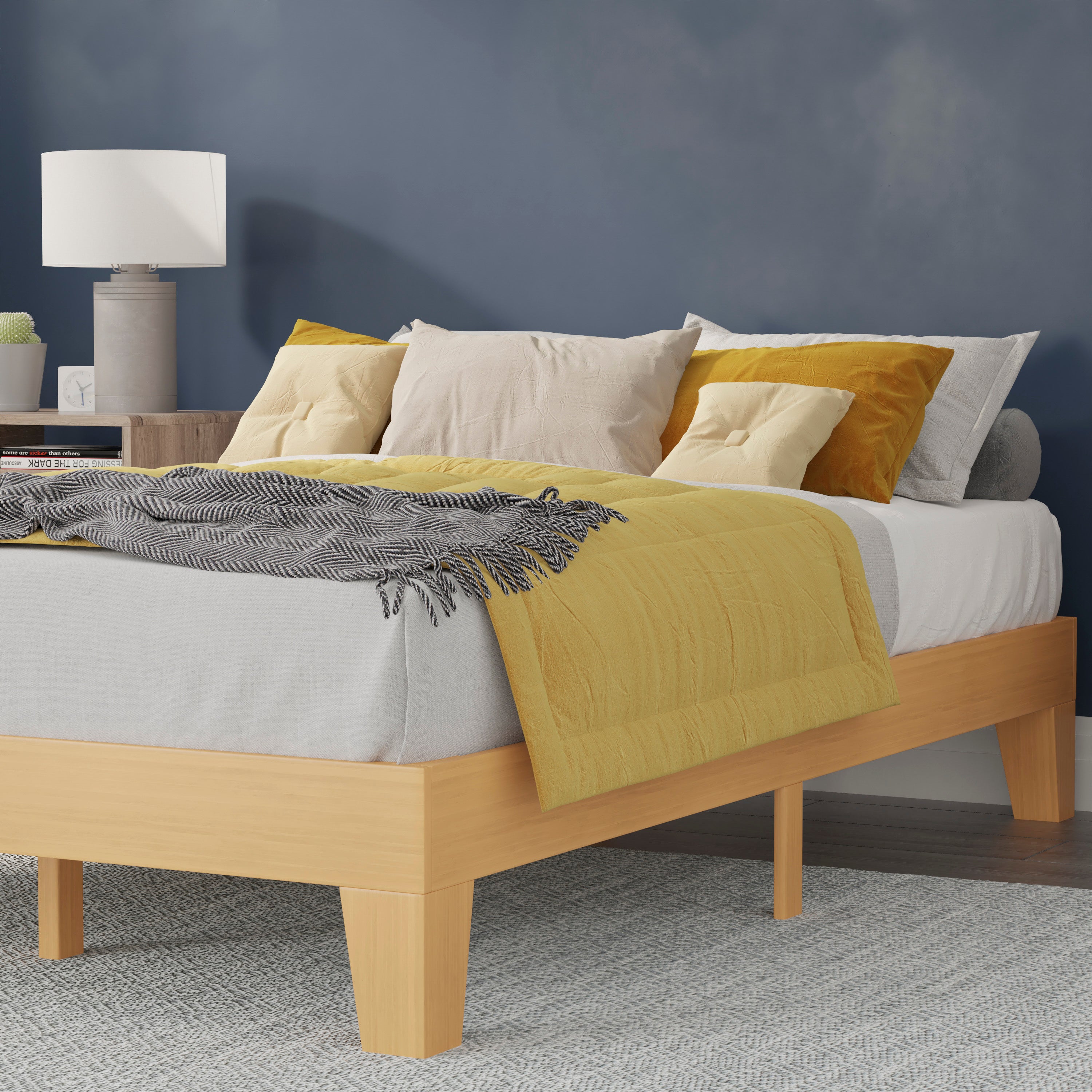 Evelyn Natural Pine Finish Wood Queen Platform Bed with Wooden Support Slats, No Box Spring Required