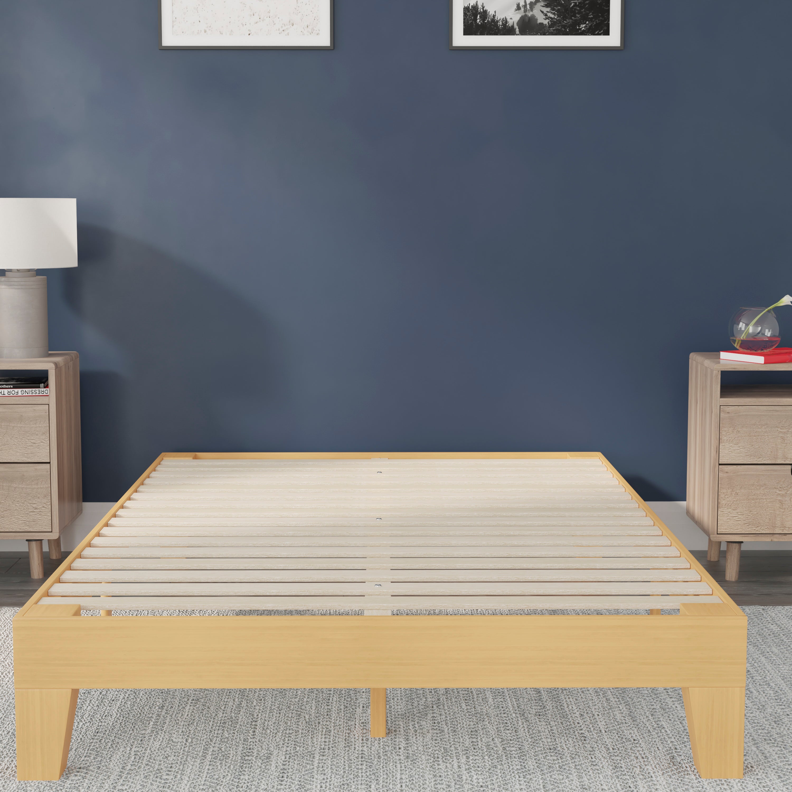 Evelyn Natural Pine Finish Wood Queen Platform Bed with Wooden Support Slats, No Box Spring Required