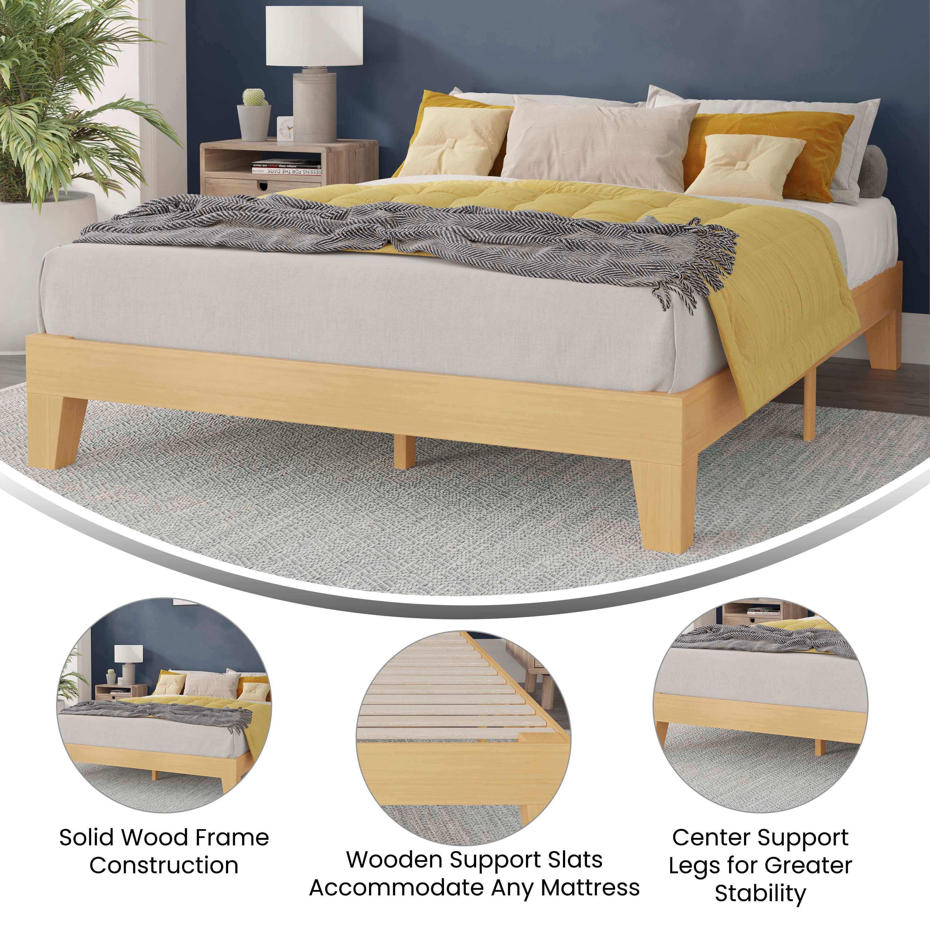 Evelyn Natural Pine Finish Wood Queen Platform Bed with Wooden Support Slats, No Box Spring Required