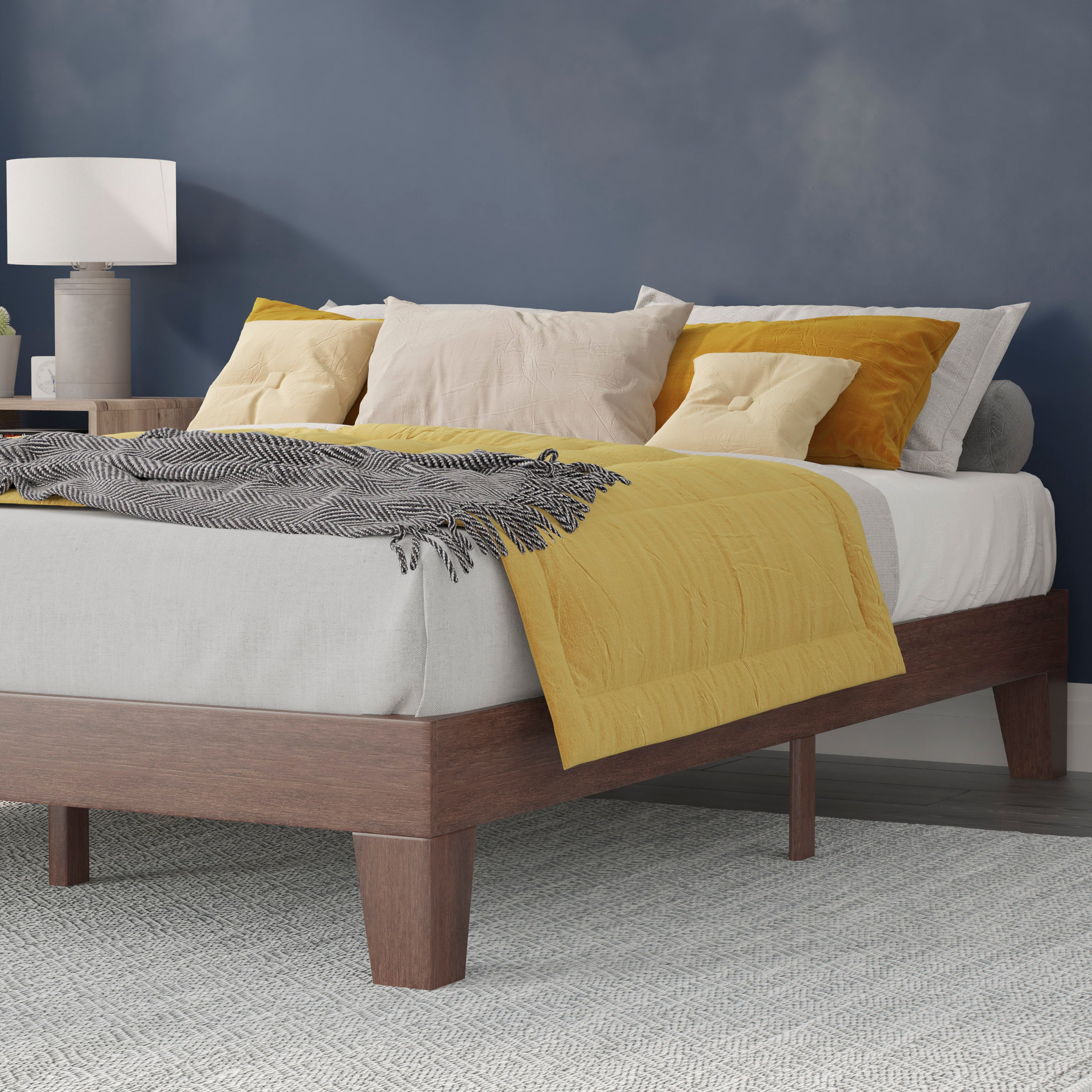 Evelyn Walnut Finish Wood Queen Platform Bed with Wooden Support Slats, No Box Spring Required