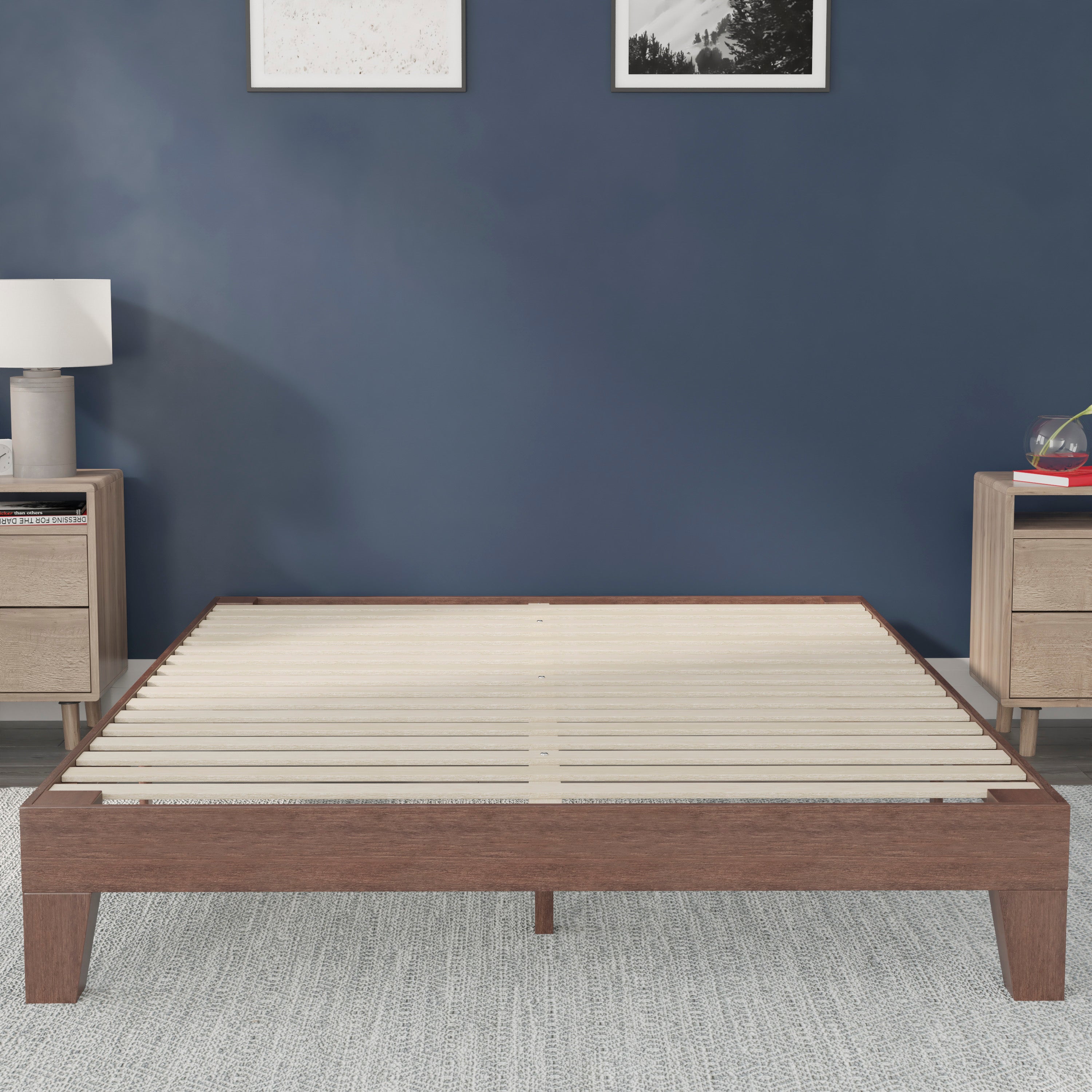 Evelyn Walnut Finish Wood Queen Platform Bed with Wooden Support Slats, No Box Spring Required