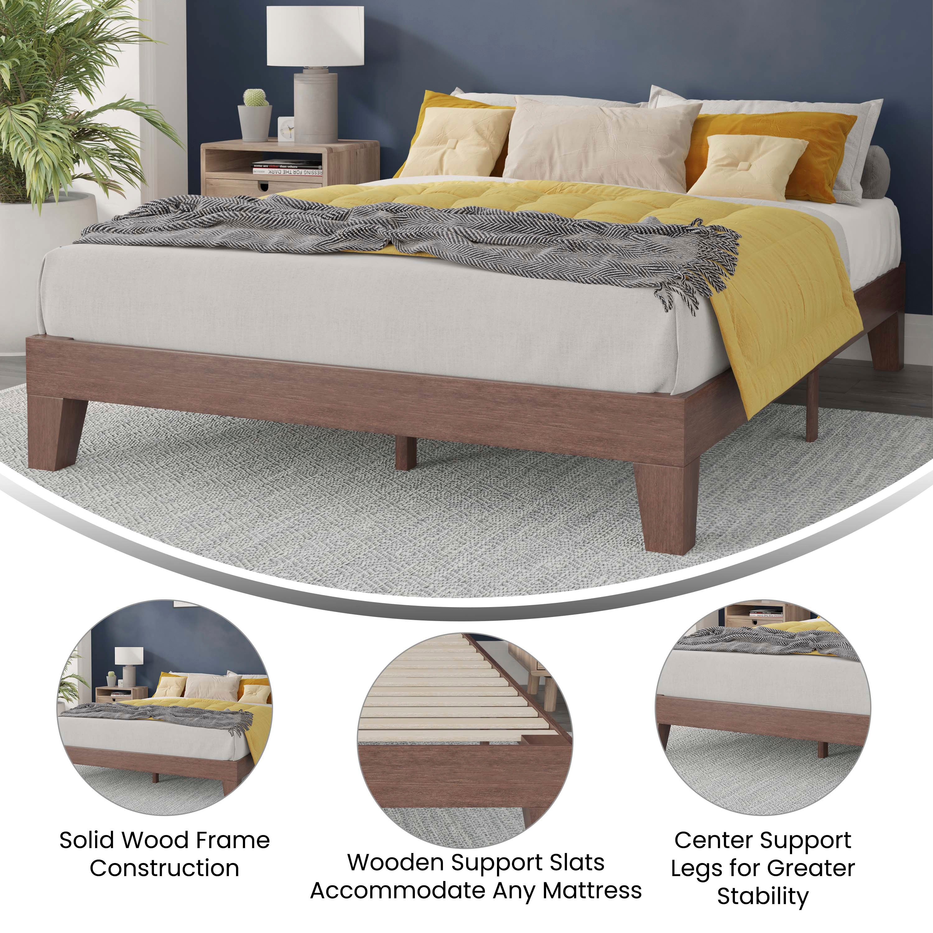Evelyn Walnut Finish Wood Queen Platform Bed with Wooden Support Slats, No Box Spring Required
