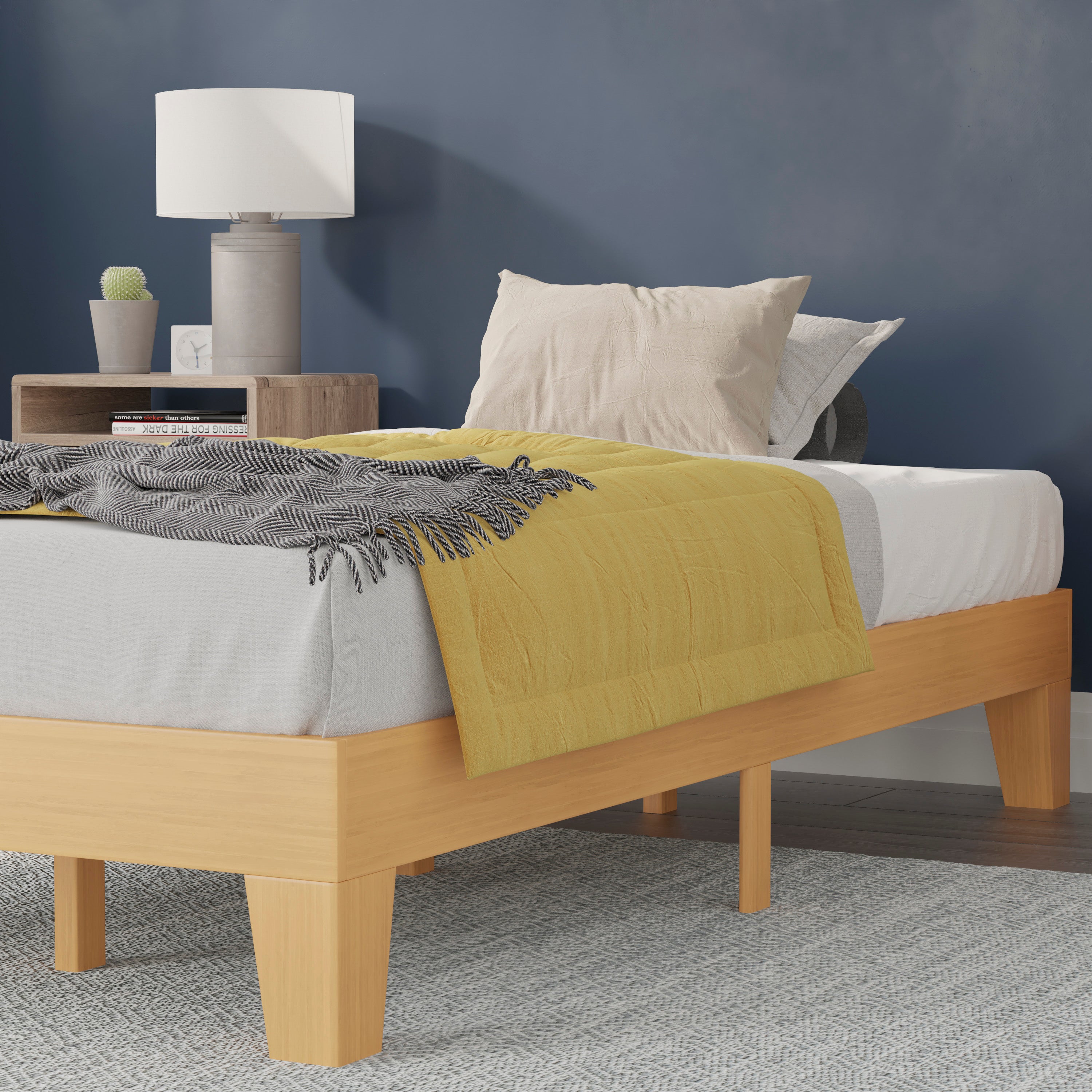 Evelyn Natural Pine Finish Wood Twin Platform Bed with Wooden Support Slats, No Box Spring Required