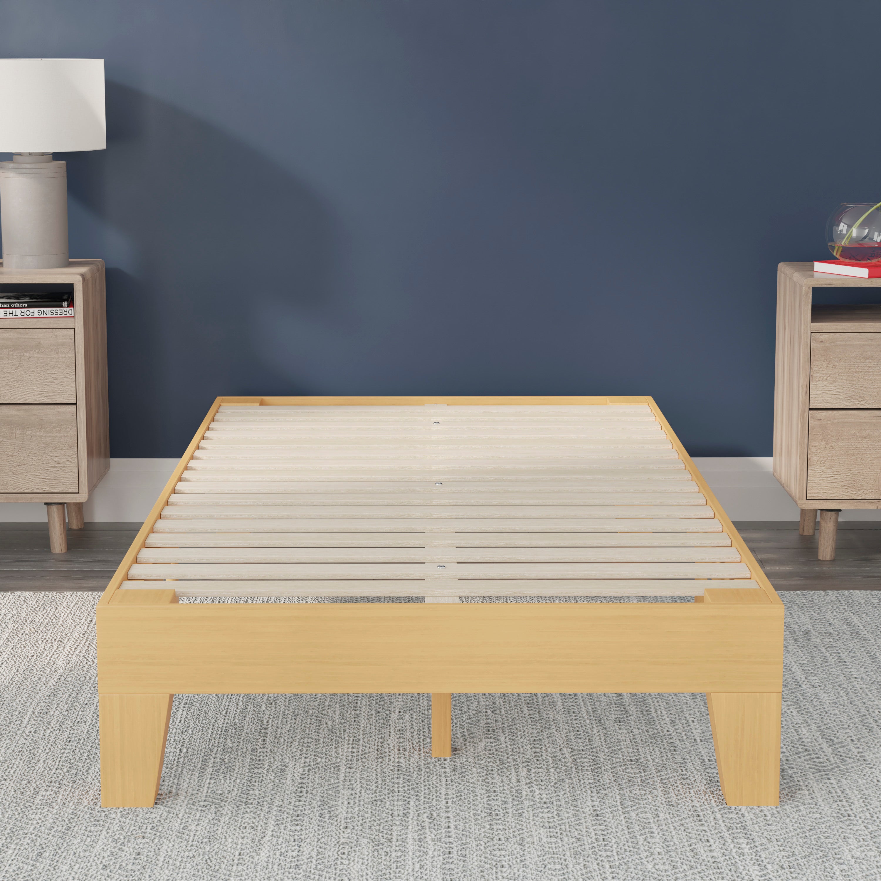 Evelyn Natural Pine Finish Wood Twin Platform Bed with Wooden Support Slats, No Box Spring Required