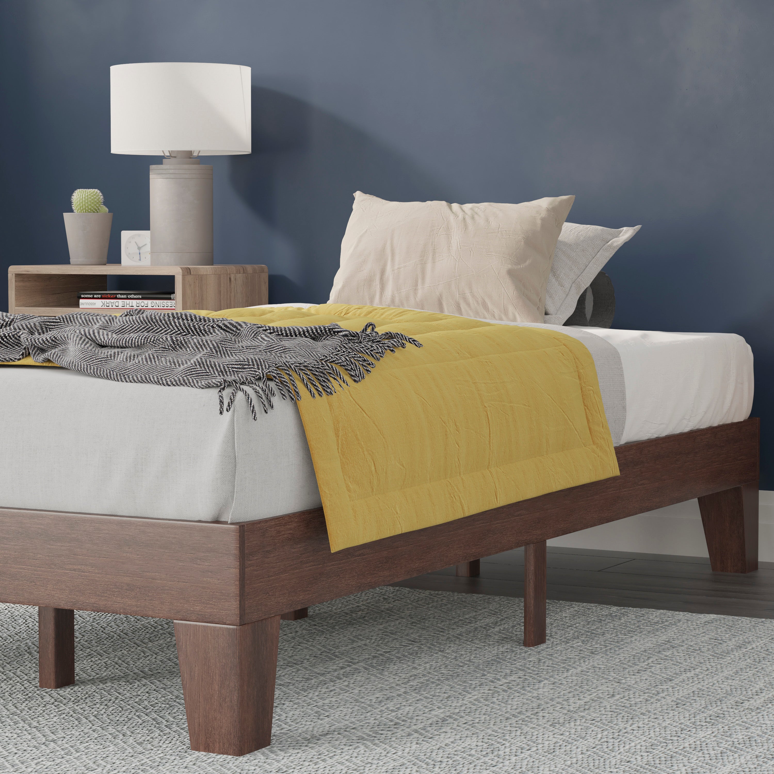 Evelyn Walnut Finish Wood Twin Platform Bed with Wooden Support Slats, No Box Spring Required