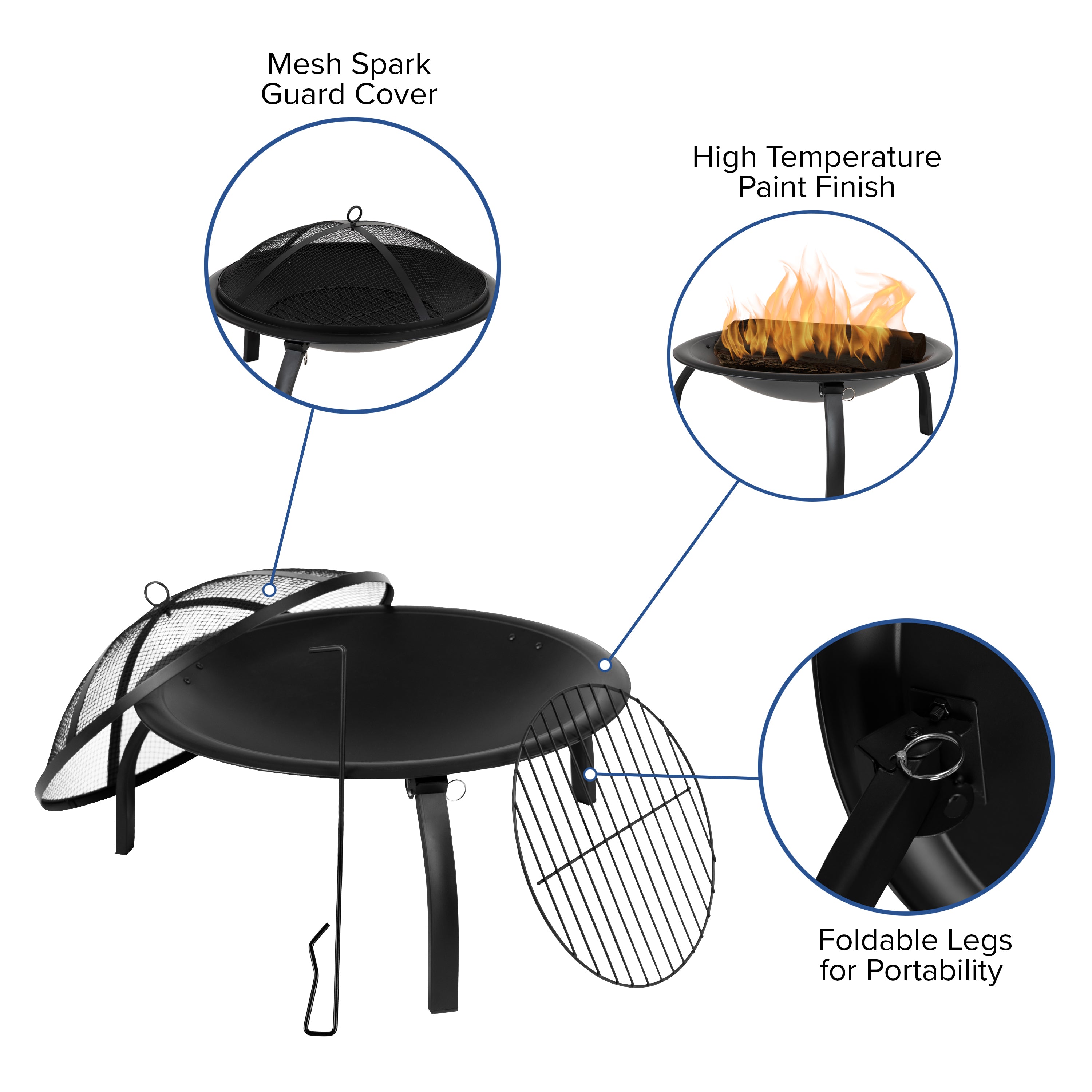 Chelton 22.5" Foldable Wood Burning Firepit with Mesh Spark Screen and Poker