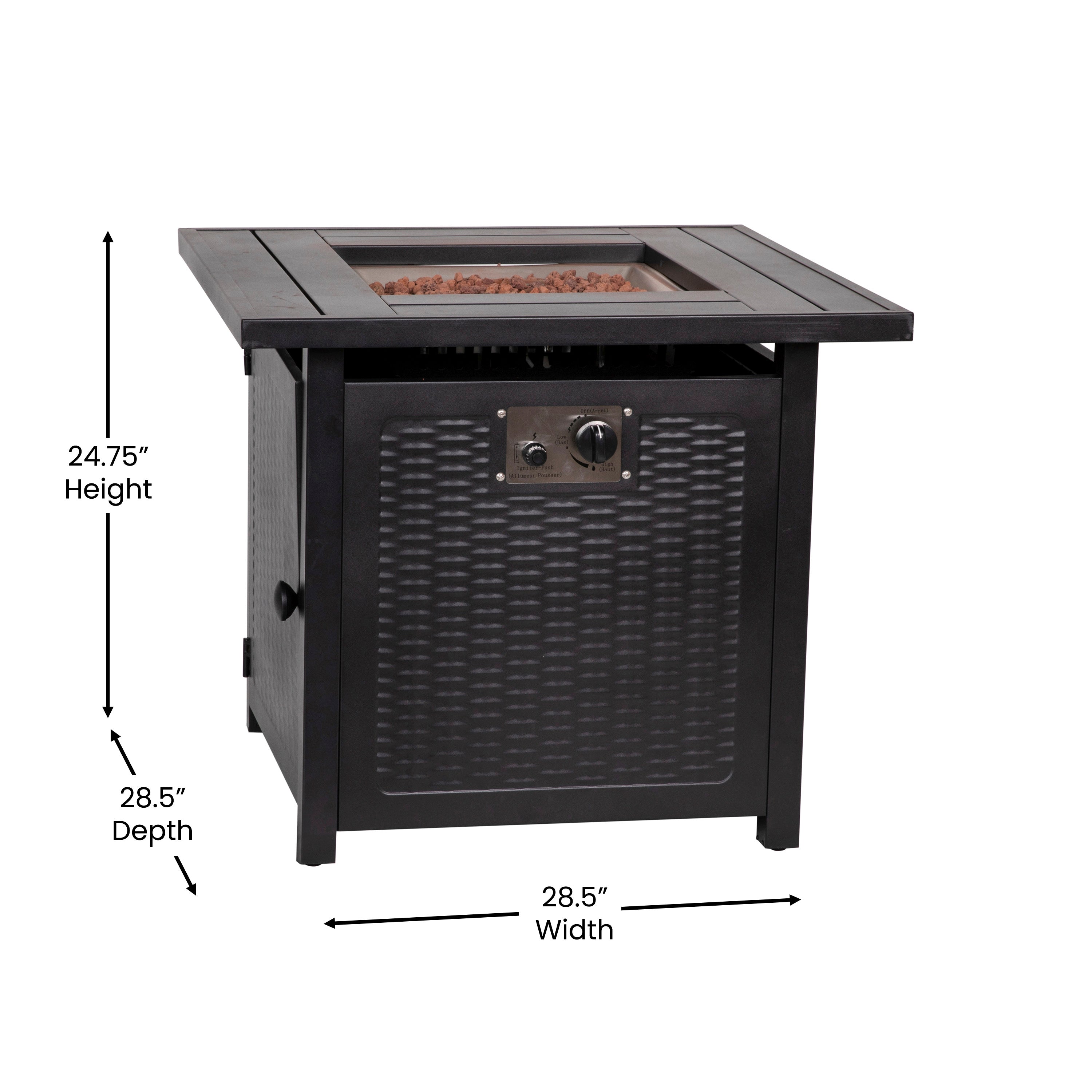 Olympia 28" Square 50,000 BTU Outdoor Propane Gas Fire Pit Table with Stainless Steel Tabletop, Lid, Lava Rocks, and Steel Wicker Detail Base - Black