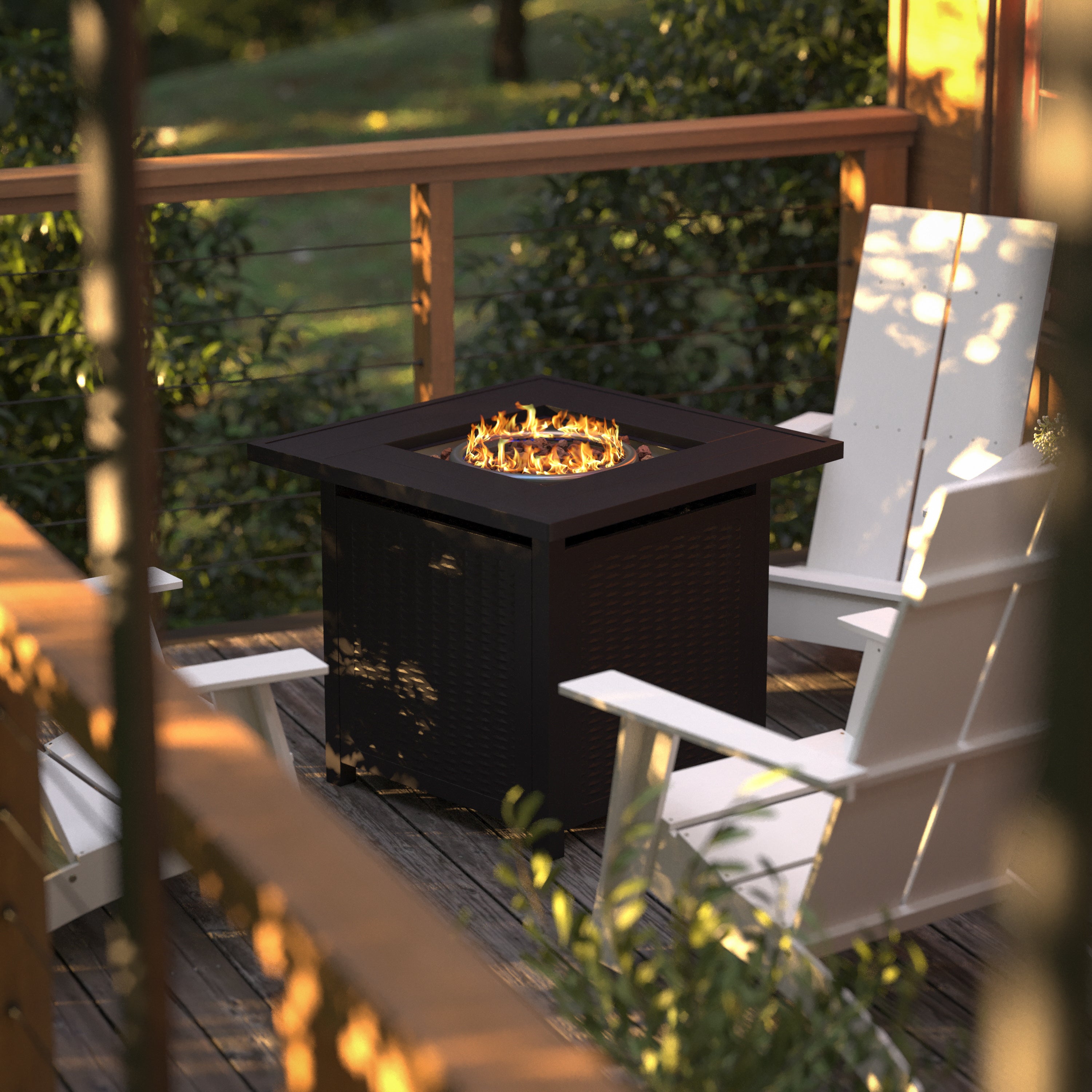 Olympia 28" Square 50,000 BTU Outdoor Propane Gas Fire Pit Table with Stainless Steel Tabletop, Lid, Lava Rocks, and Steel Wicker Detail Base - Black