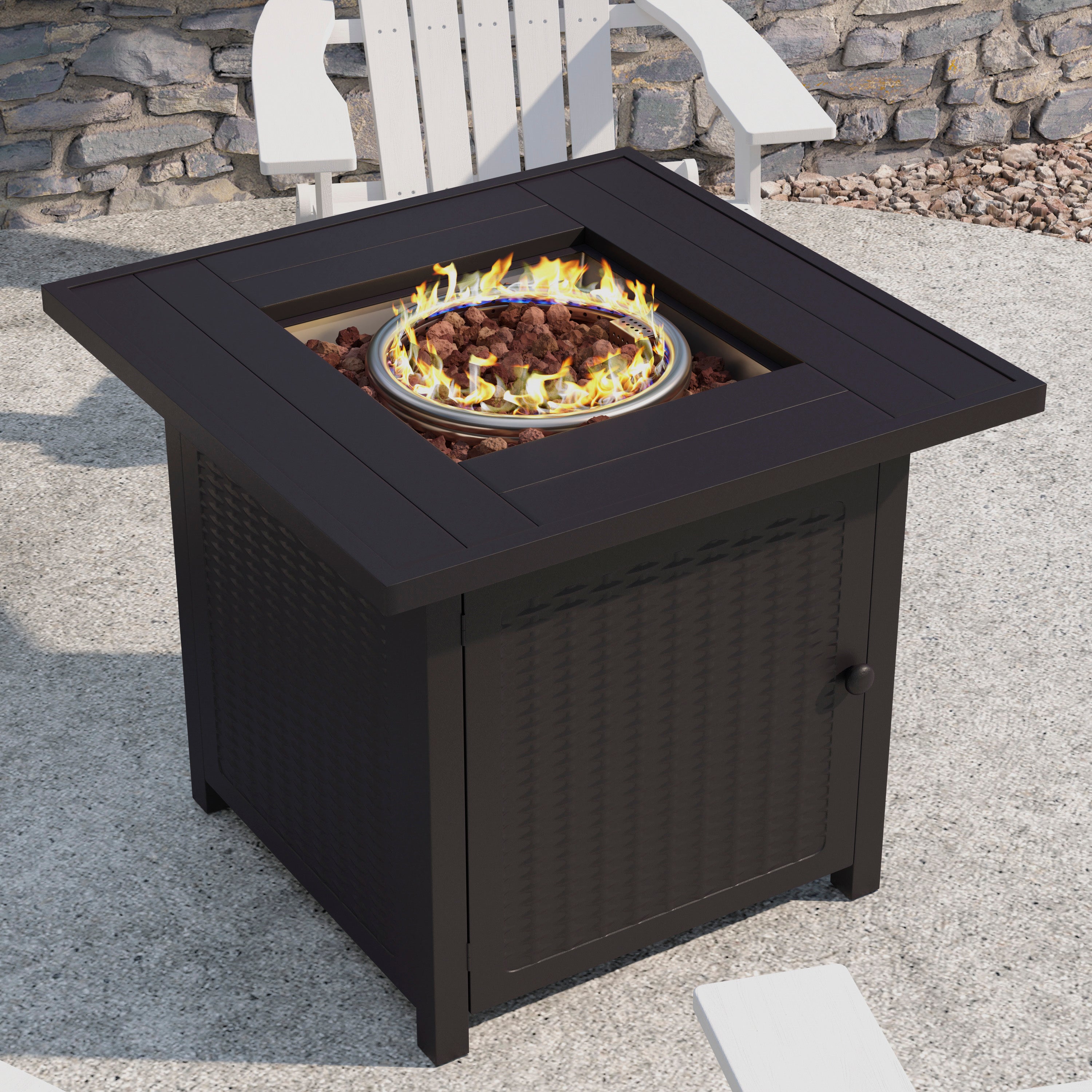 Olympia 28" Square 50,000 BTU Outdoor Propane Gas Fire Pit Table with Stainless Steel Tabletop, Lid, Lava Rocks, and Steel Wicker Detail Base - Black