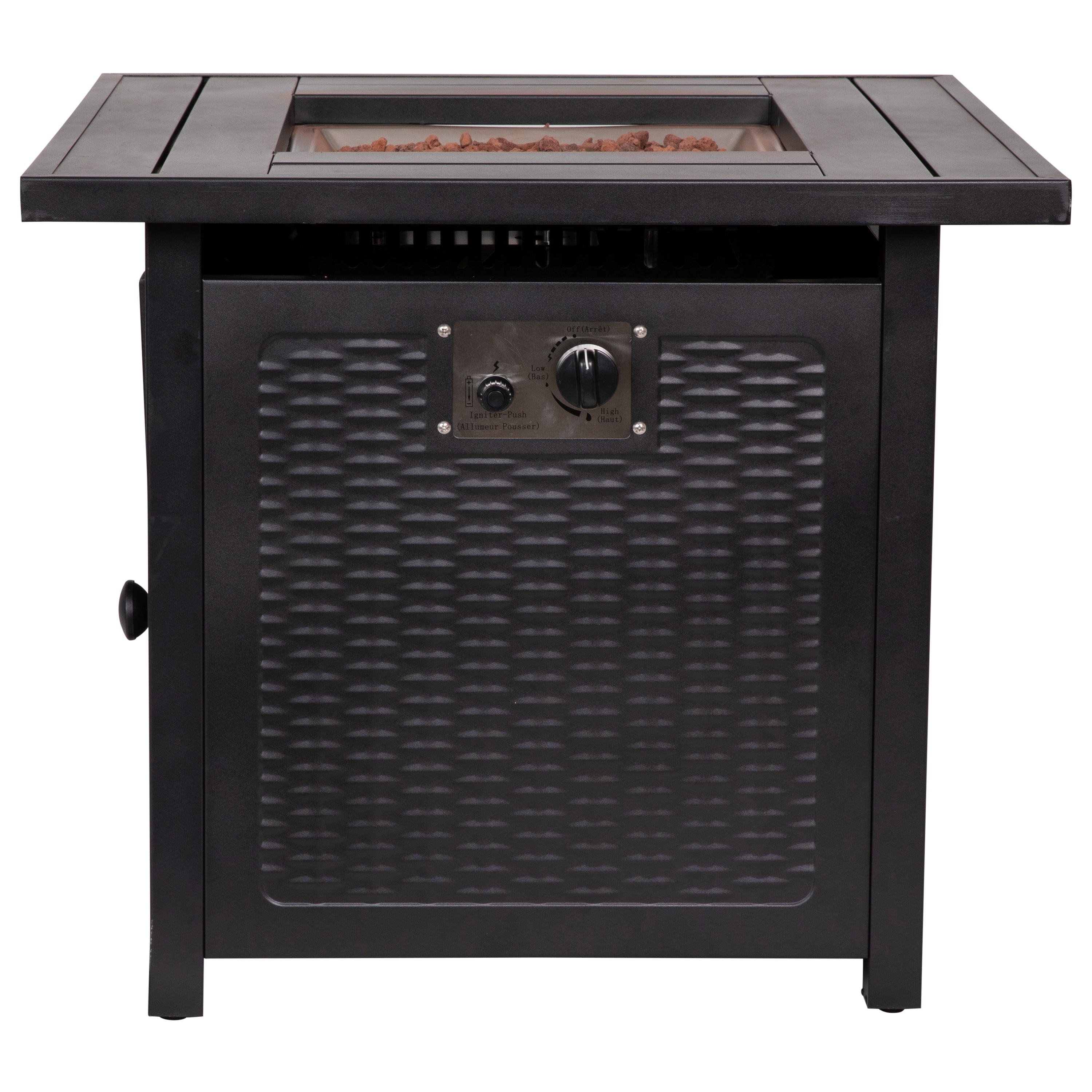 Olympia 28" Square 50,000 BTU Outdoor Propane Gas Fire Pit Table with Stainless Steel Tabletop, Lid, Lava Rocks, and Steel Wicker Detail Base - Black