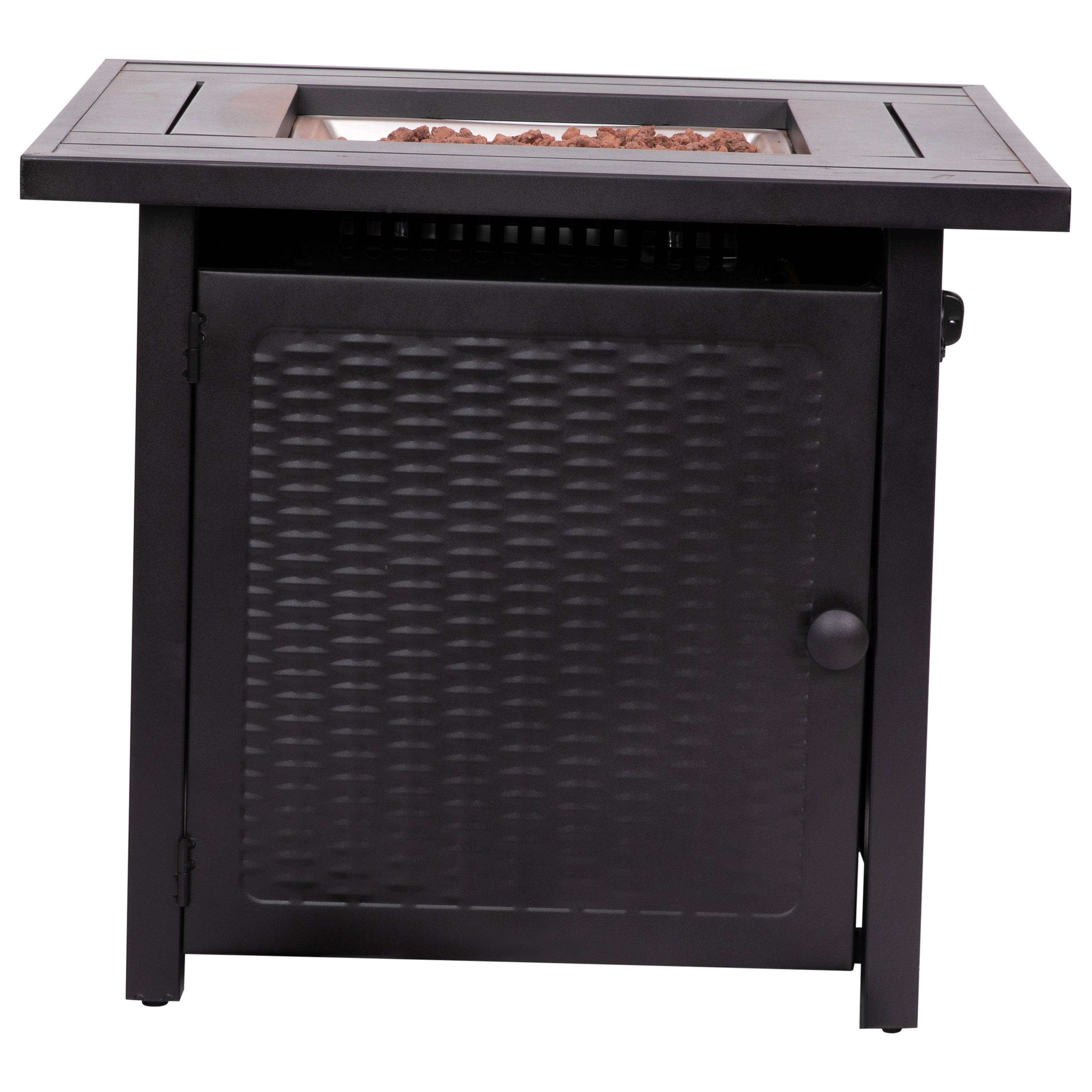 Olympia 28" Square 50,000 BTU Outdoor Propane Gas Fire Pit Table with Stainless Steel Tabletop, Lid, Lava Rocks, and Steel Wicker Detail Base - Black