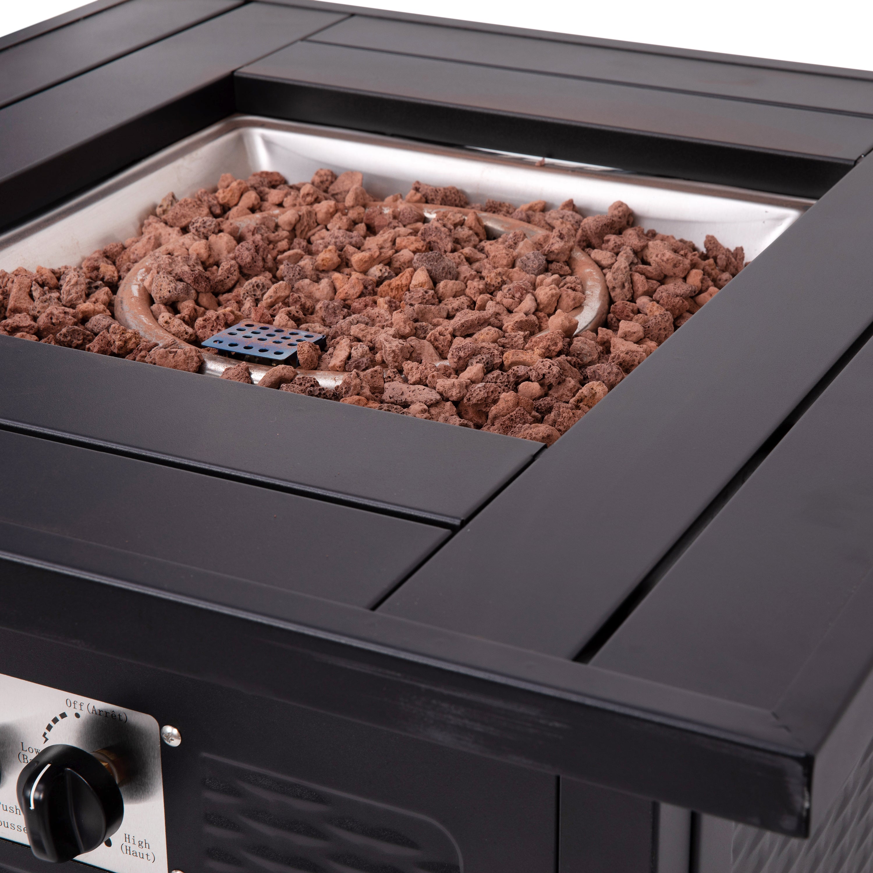 Olympia 28" Square 50,000 BTU Outdoor Propane Gas Fire Pit Table with Stainless Steel Tabletop, Lid, Lava Rocks, and Steel Wicker Detail Base - Black