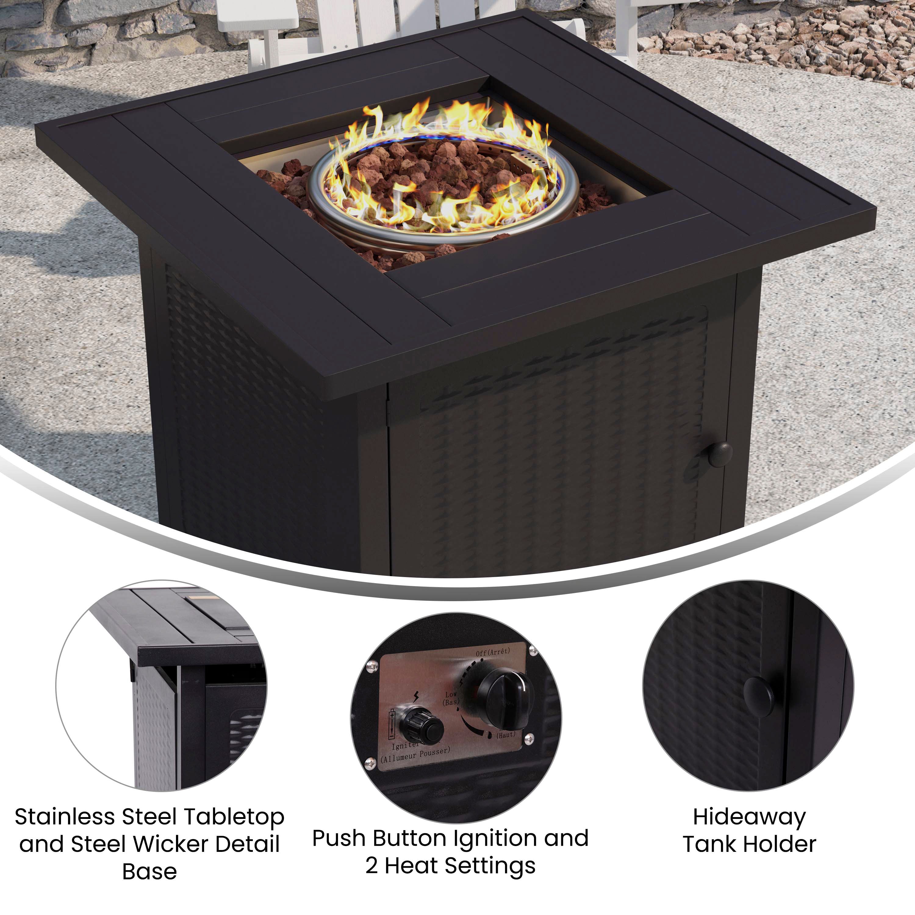 Olympia 28" Square 50,000 BTU Outdoor Propane Gas Fire Pit Table with Stainless Steel Tabletop, Lid, Lava Rocks, and Steel Wicker Detail Base - Black