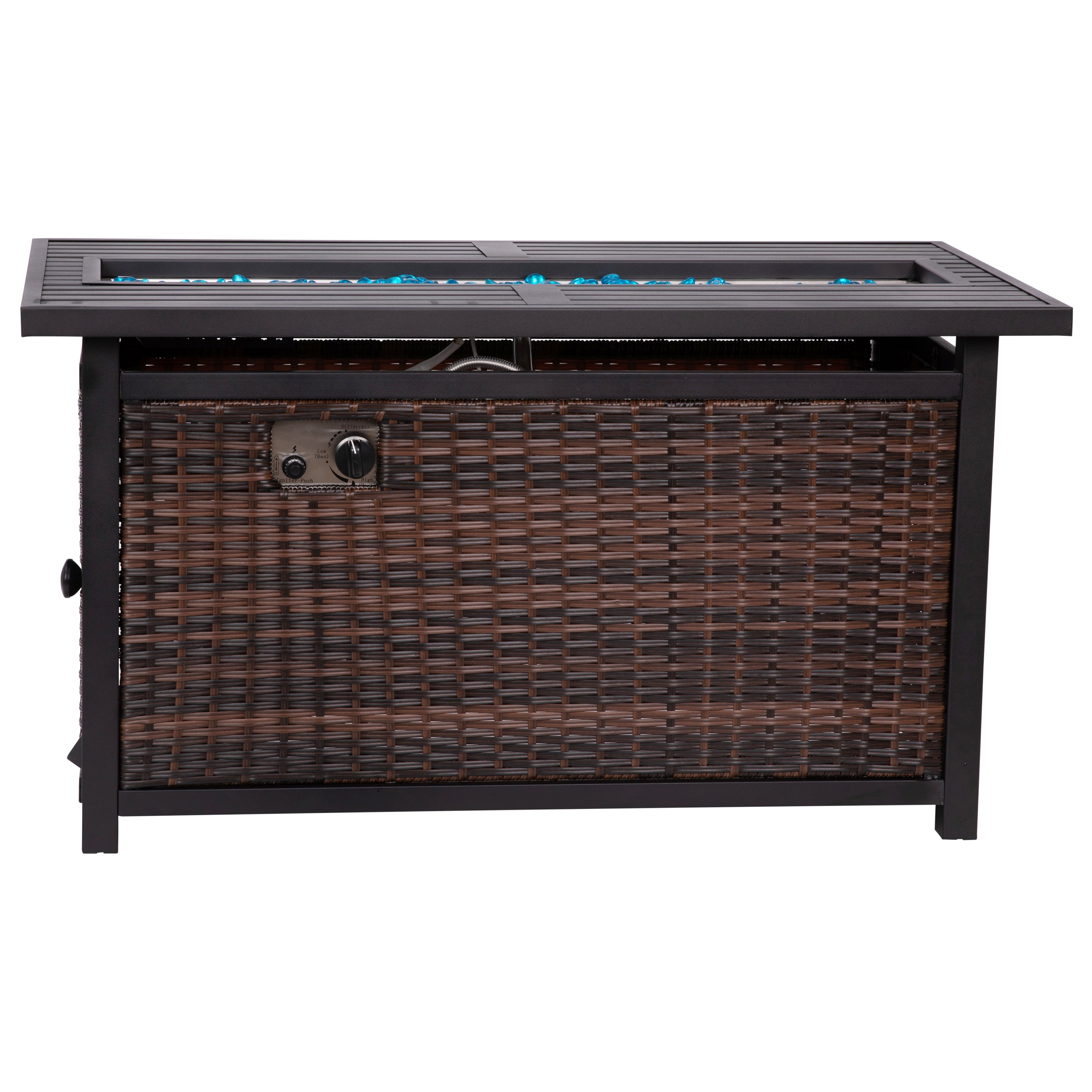 Olympia 45" x 25" Outdoor Propane Gas 50,000 BTU Fire Pit Table with Stainless Steel Tabletop, Lid, Glass Beads, Wicker Base-Espresso/Black