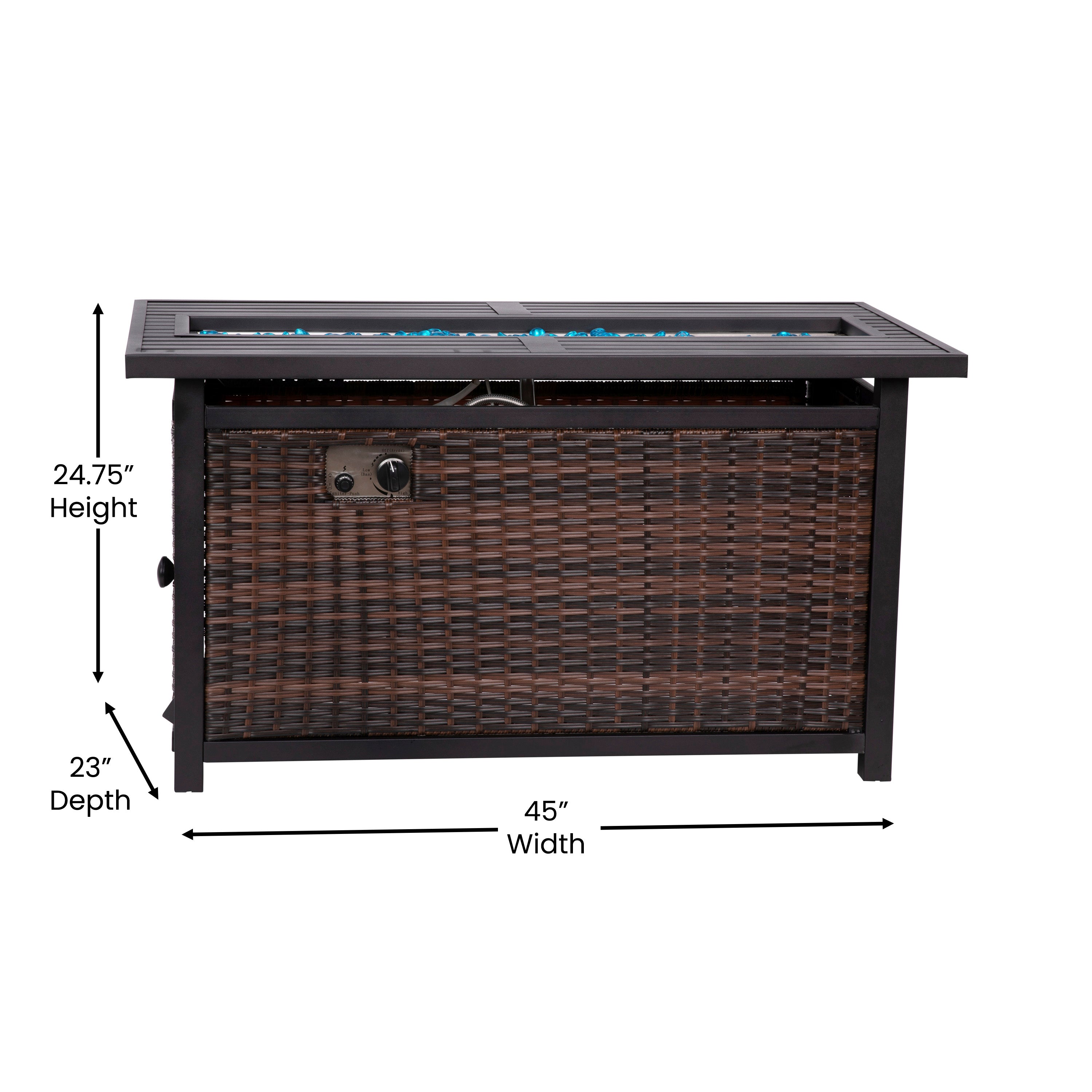 Olympia 45" x 25" Outdoor Propane Gas 50,000 BTU Fire Pit Table with Stainless Steel Tabletop, Lid, Glass Beads, Wicker Base-Espresso/Black