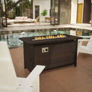 Olympia 45" x 25" Outdoor Propane Gas 50,000 BTU Fire Pit Table with Stainless Steel Tabletop, Lid, Glass Beads, Wicker Base-Espresso/Black