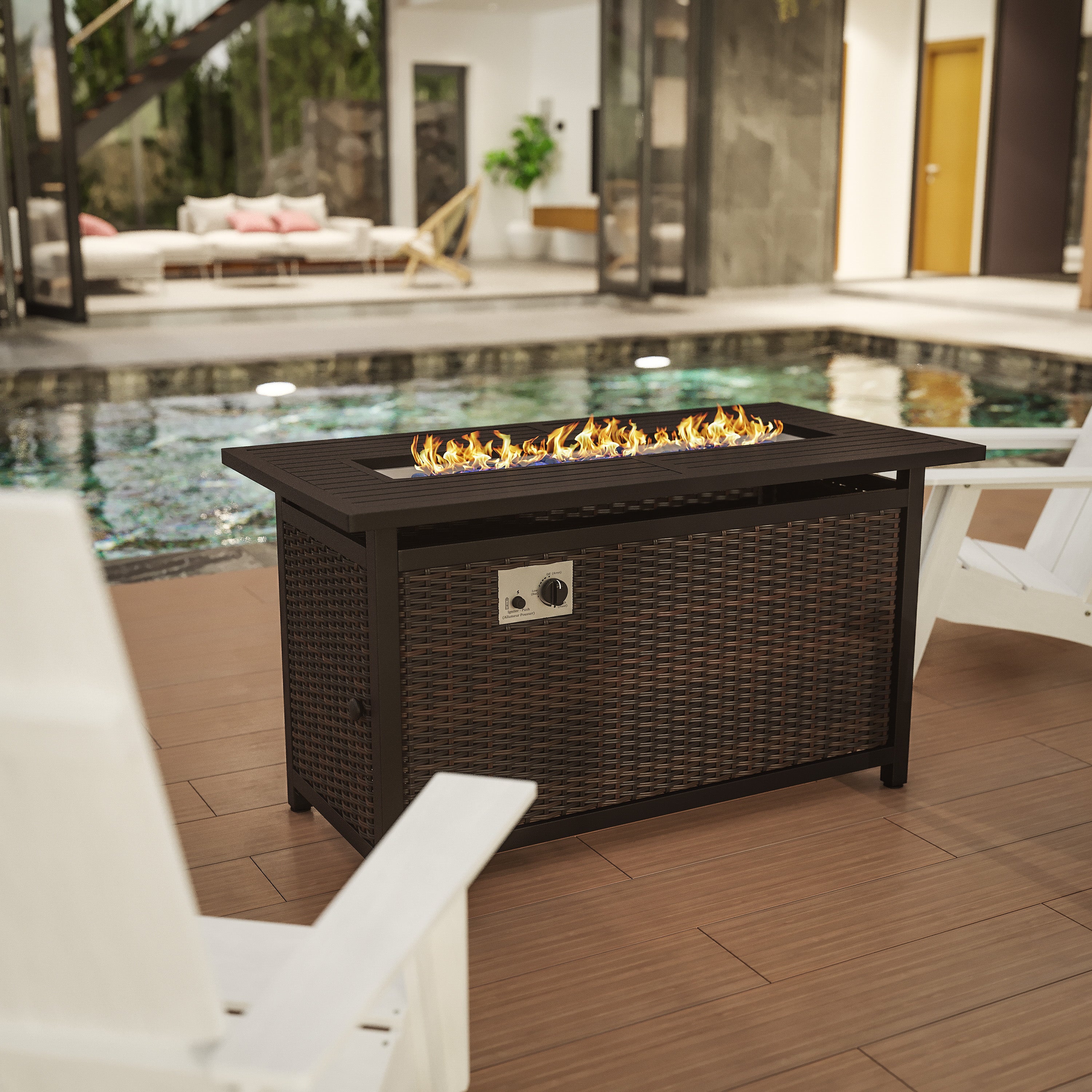 Olympia 45" x 25" Outdoor Propane Gas 50,000 BTU Fire Pit Table with Stainless Steel Tabletop, Lid, Glass Beads, Wicker Base-Espresso/Black