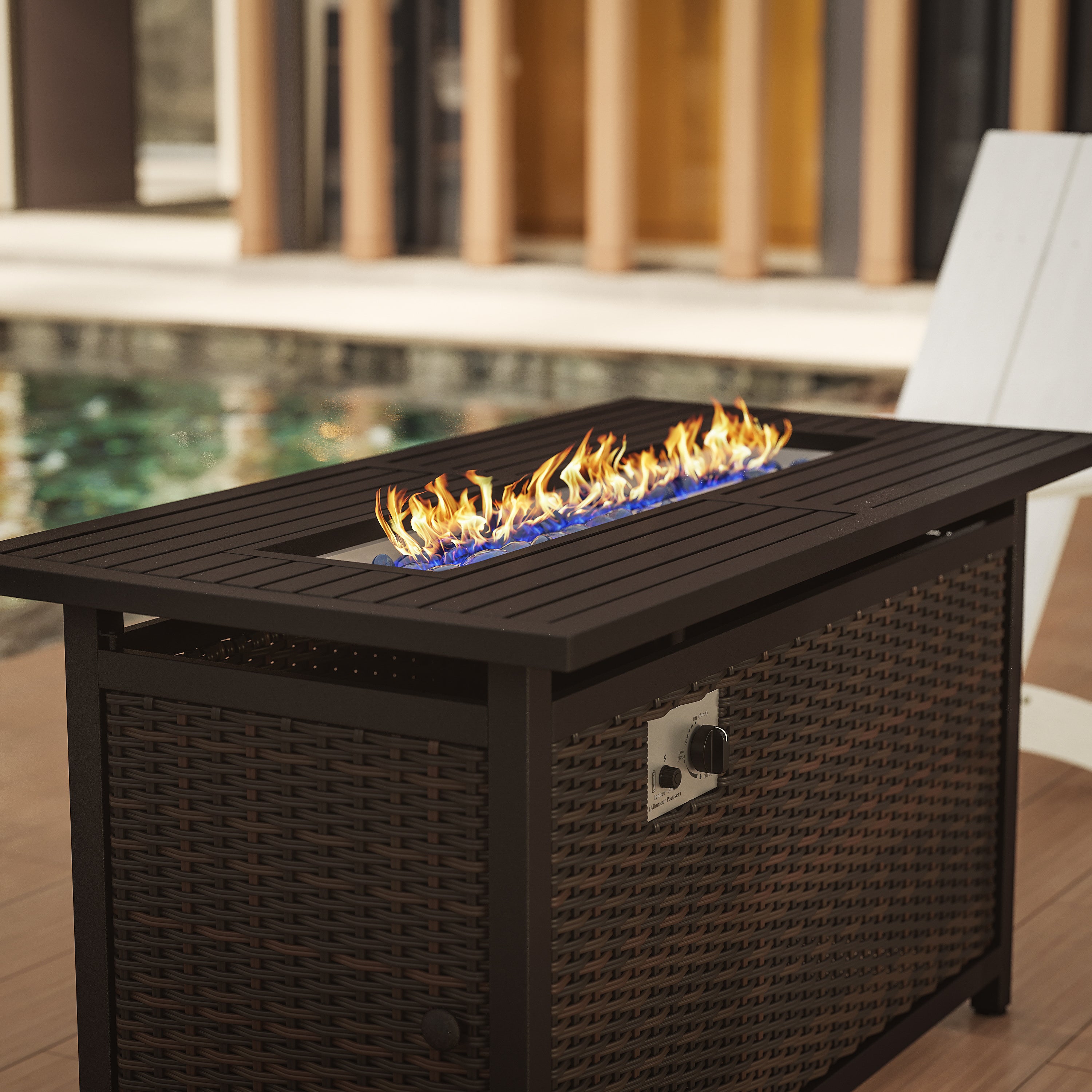 Olympia 45" x 25" Outdoor Propane Gas 50,000 BTU Fire Pit Table with Stainless Steel Tabletop, Lid, Glass Beads, Wicker Base-Espresso/Black