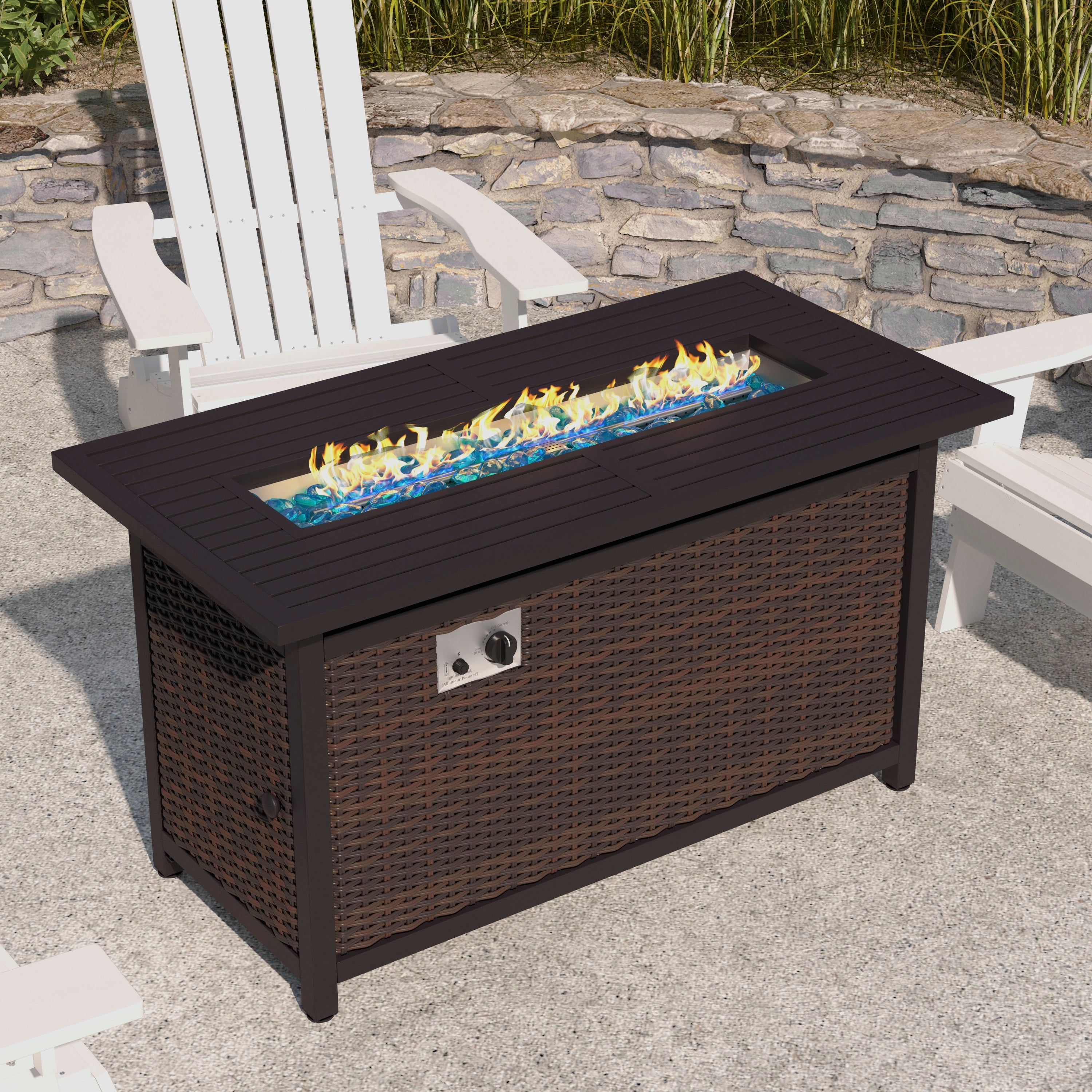 Olympia 45" x 25" Outdoor Propane Gas 50,000 BTU Fire Pit Table with Stainless Steel Tabletop, Lid, Glass Beads, Wicker Base-Espresso/Black