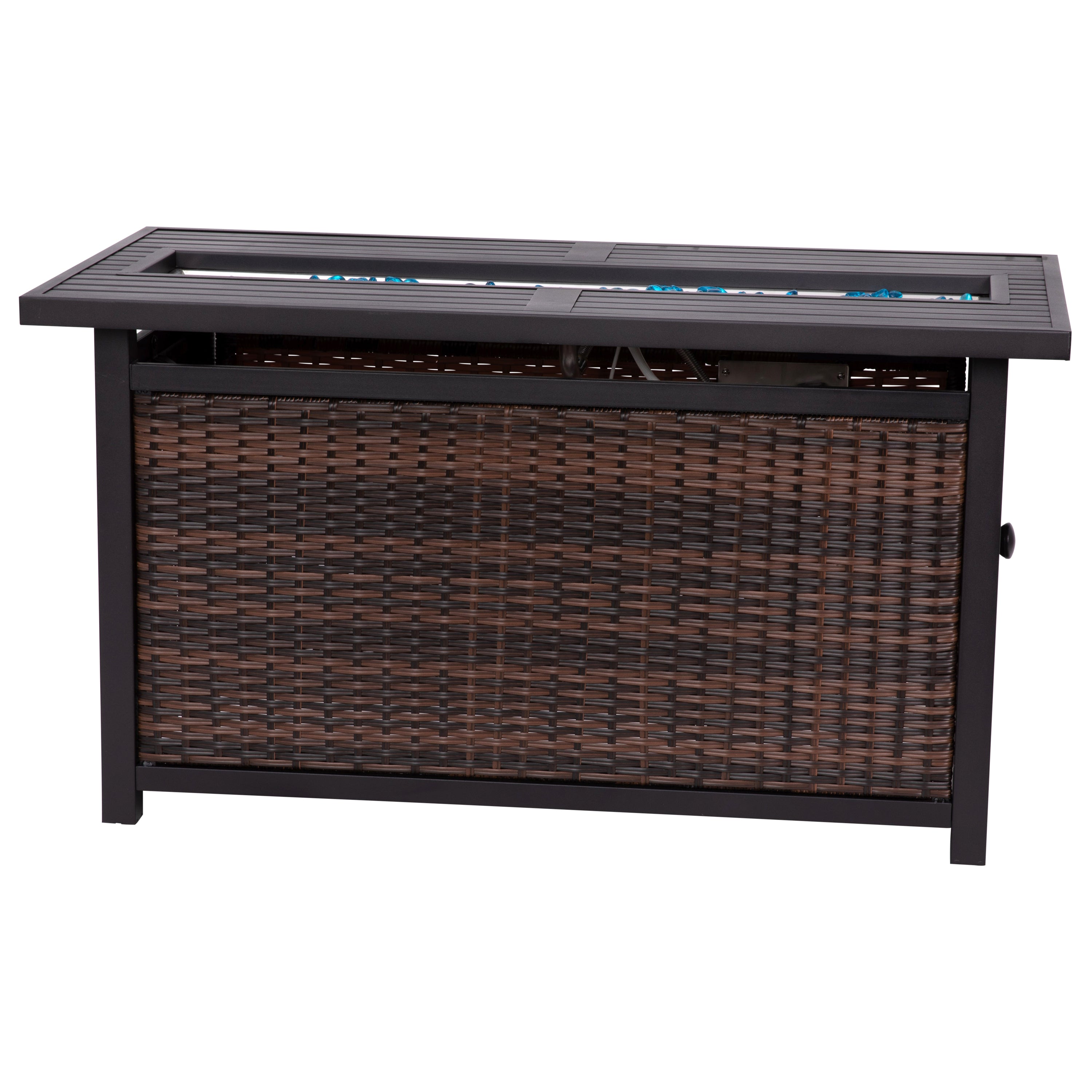 Olympia 45" x 25" Outdoor Propane Gas 50,000 BTU Fire Pit Table with Stainless Steel Tabletop, Lid, Glass Beads, Wicker Base-Espresso/Black