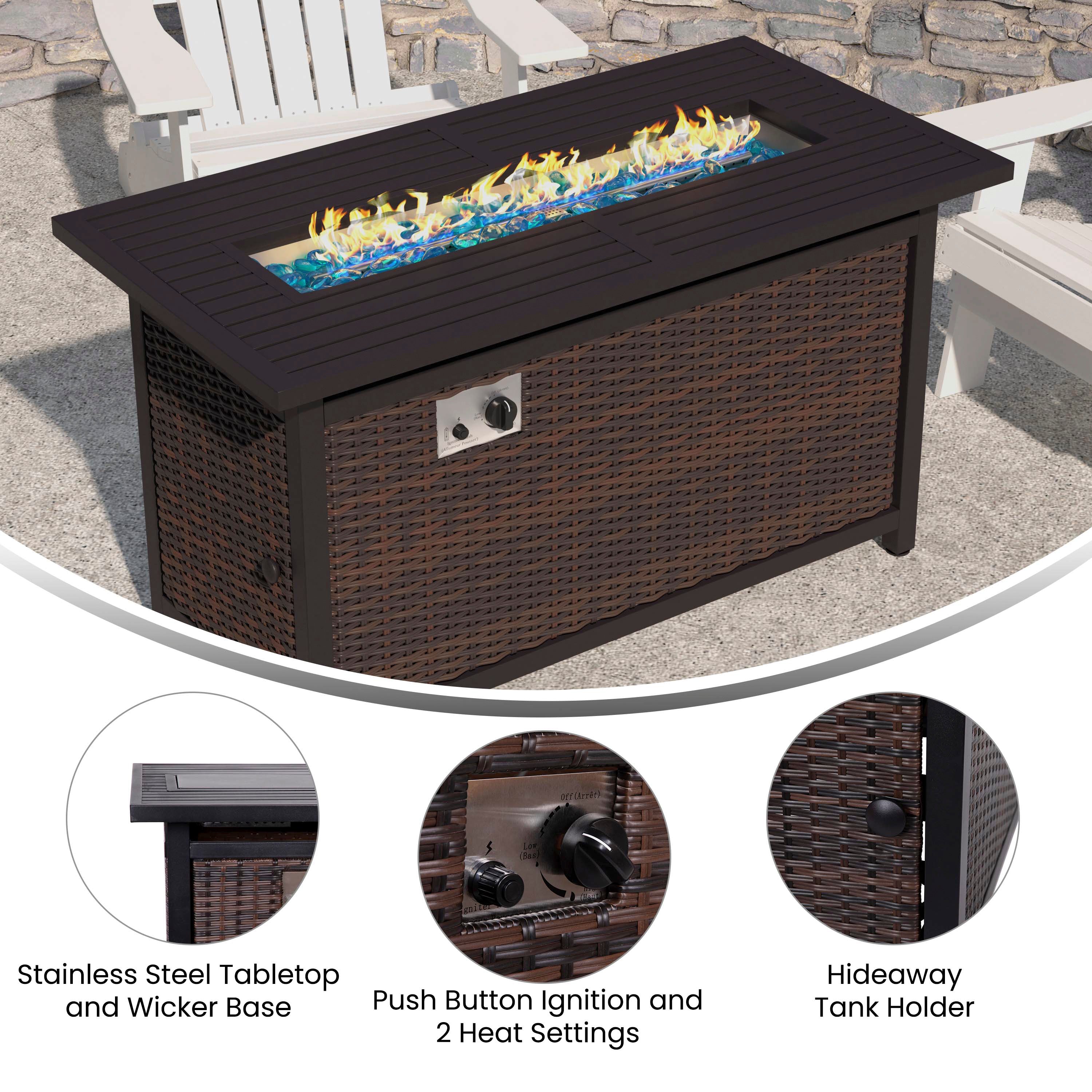 Olympia 45" x 25" Outdoor Propane Gas 50,000 BTU Fire Pit Table with Stainless Steel Tabletop, Lid, Glass Beads, Wicker Base-Espresso/Black