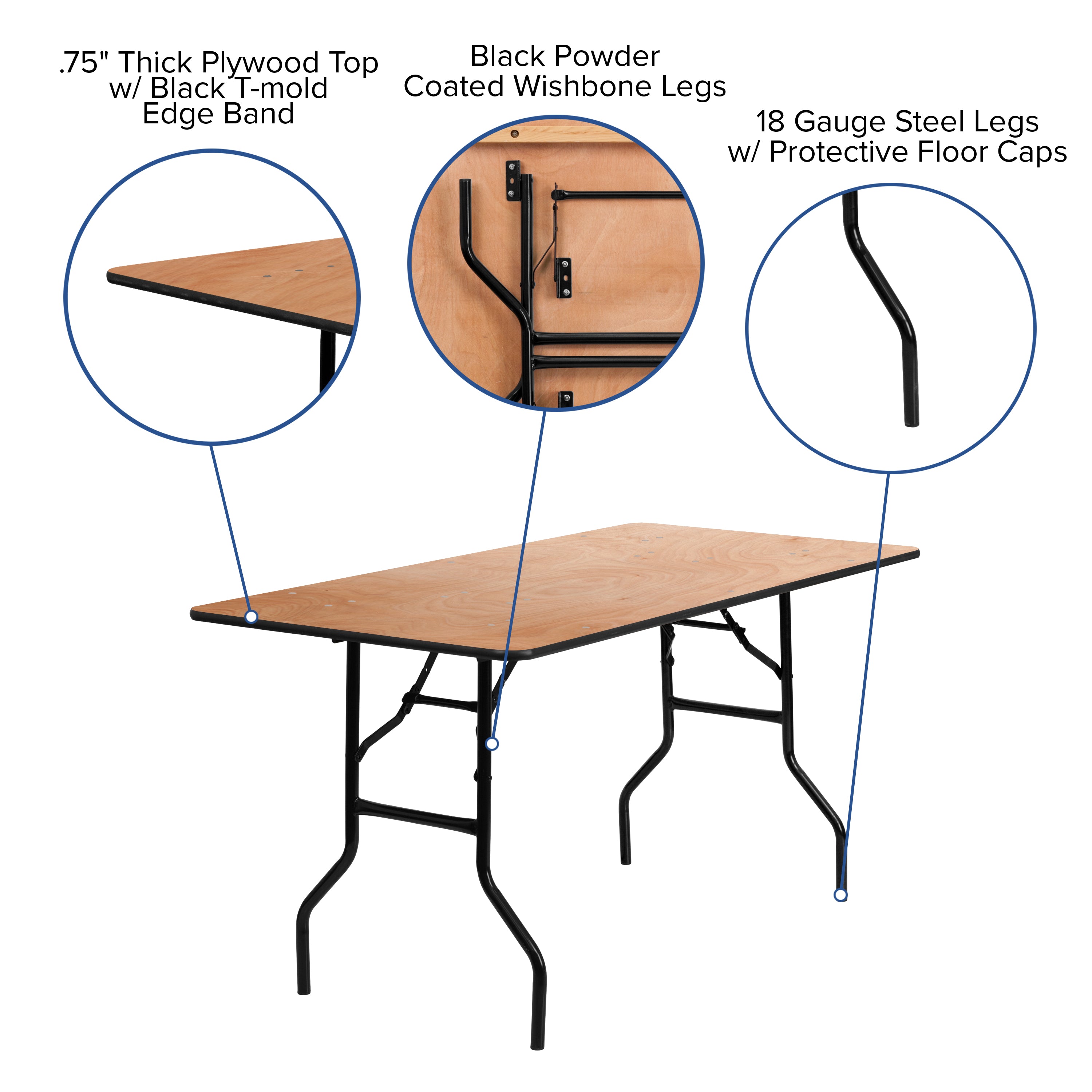 Gael 5-Foot Rectangular Wood Folding Banquet Table with Clear Coated Finished Top