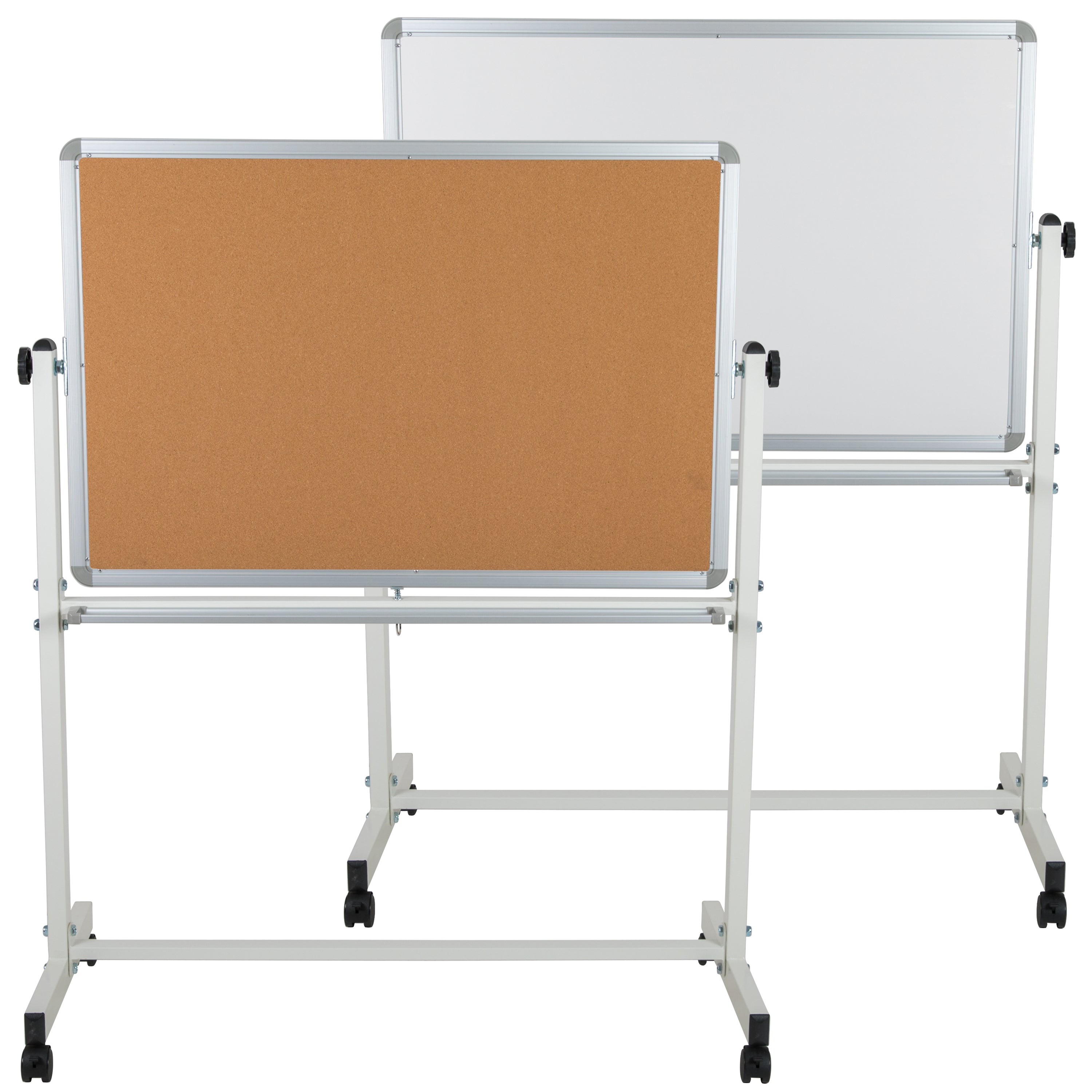 HERCULES Series 45.25"W x 54.75"H Reversible Mobile Cork Bulletin Board and White Board with Pen Tray