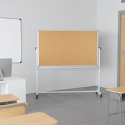 HERCULES Series 45.25"W x 54.75"H Reversible Mobile Cork Bulletin Board and White Board with Pen Tray