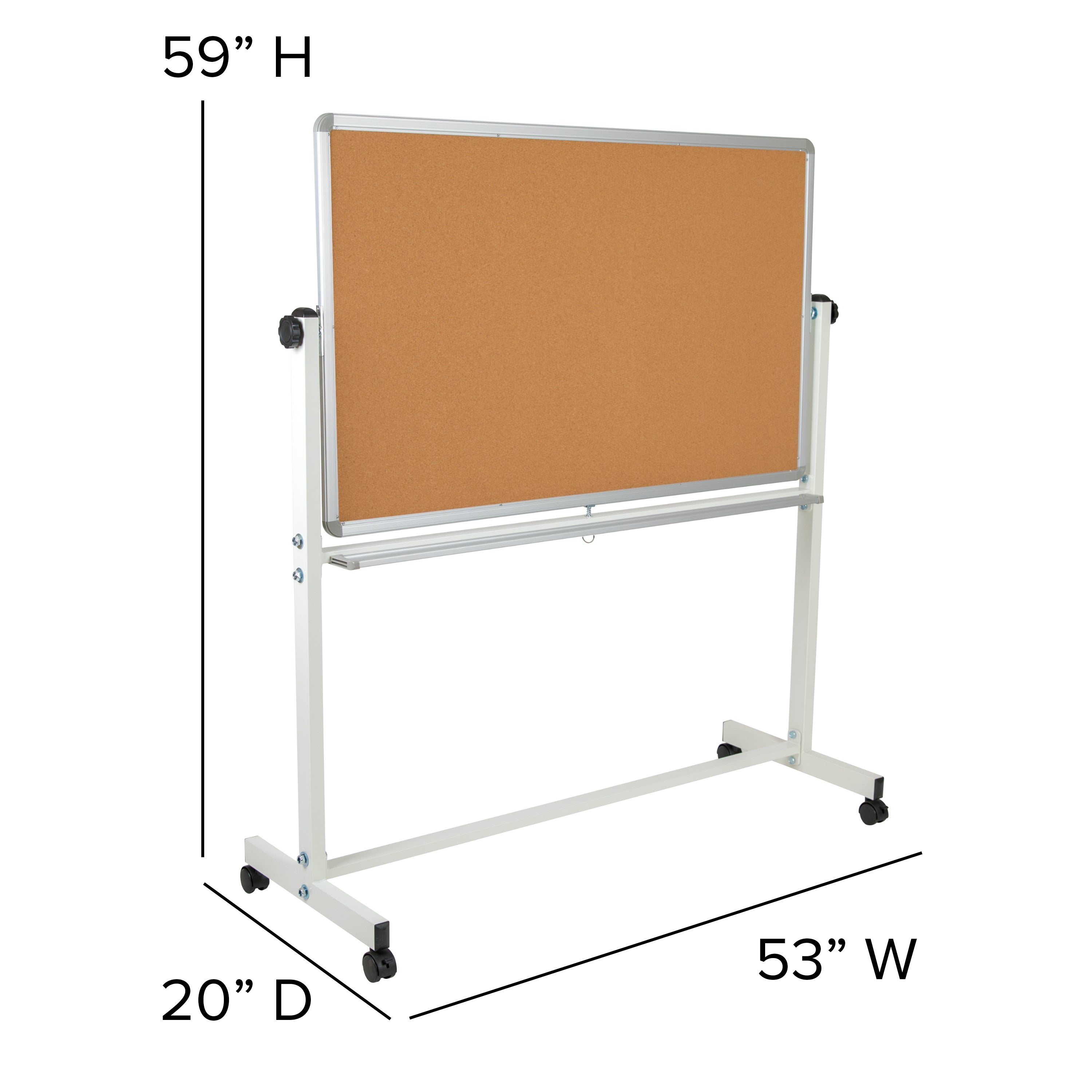 HERCULES Series 53"W x 59"H Reversible Mobile Cork Bulletin Board and White Board with Pen Tray