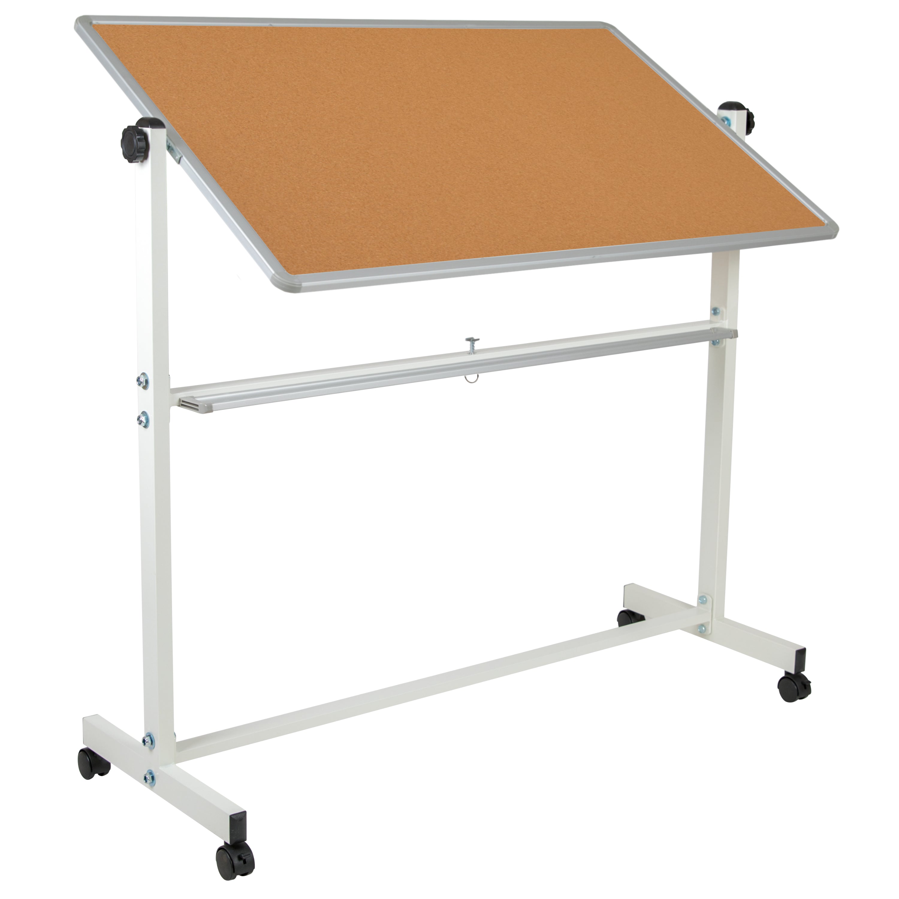 HERCULES Series 53"W x 59"H Reversible Mobile Cork Bulletin Board and White Board with Pen Tray