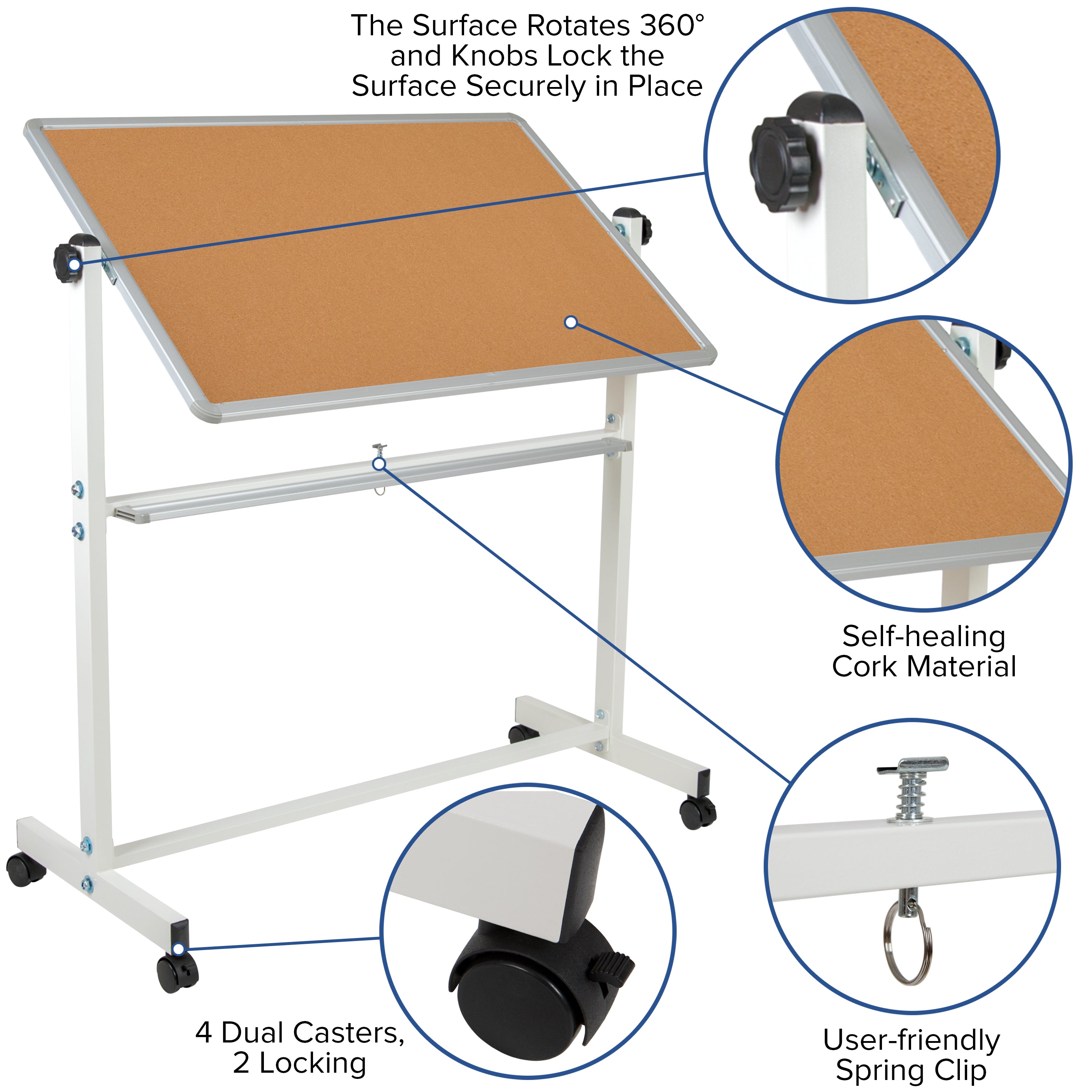 HERCULES Series 53"W x 59"H Reversible Mobile Cork Bulletin Board and White Board with Pen Tray