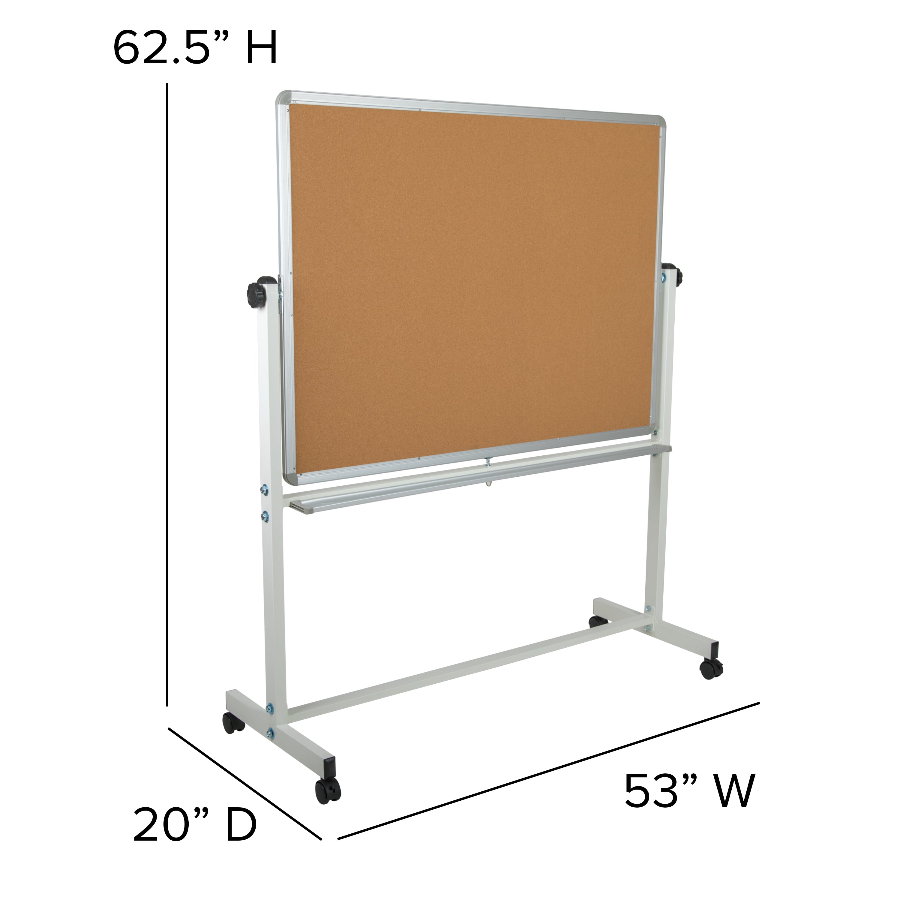 HERCULES Series 53"W x 62.5"H Reversible Mobile Cork Bulletin Board and White Board with Pen Tray