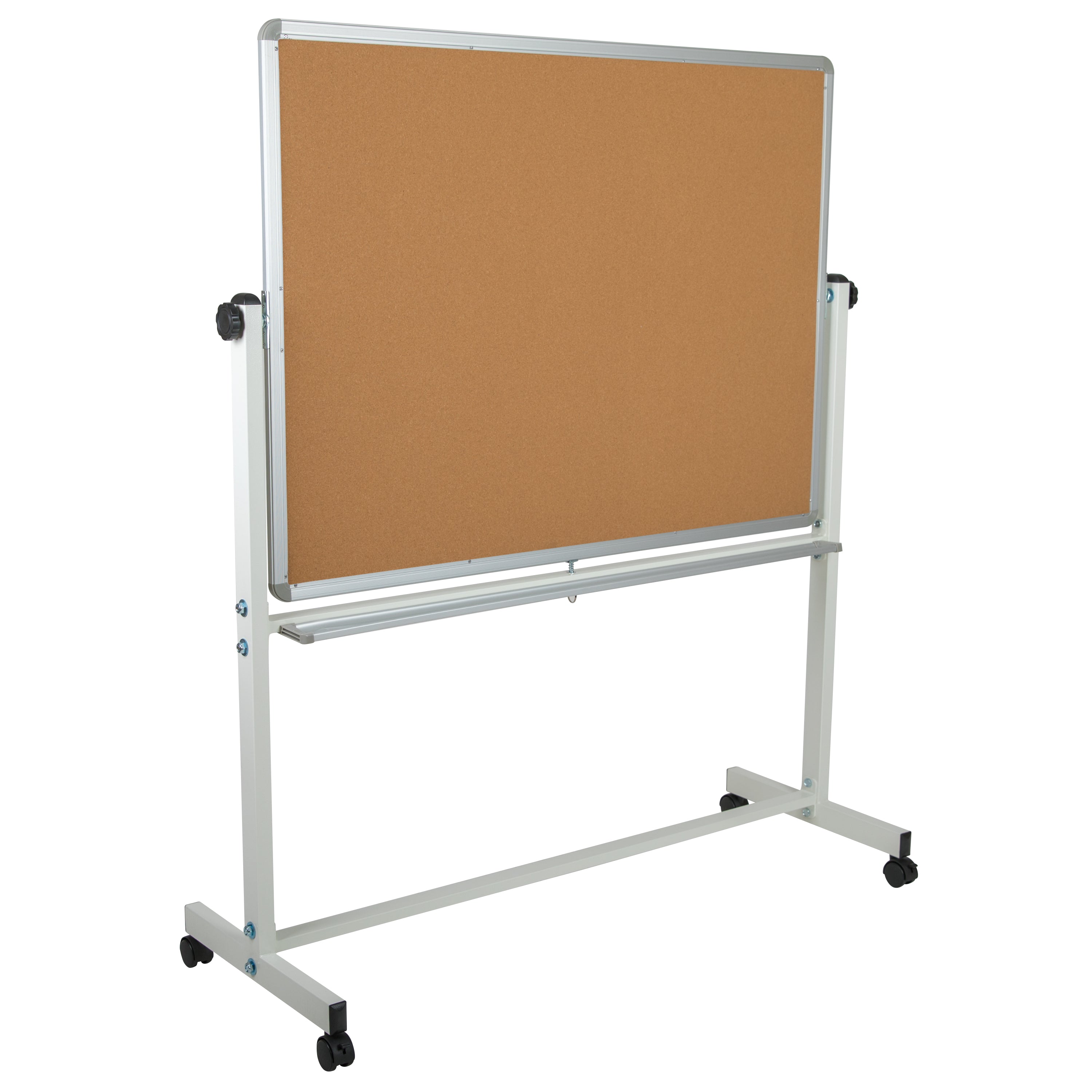 HERCULES Series 53"W x 62.5"H Reversible Mobile Cork Bulletin Board and White Board with Pen Tray