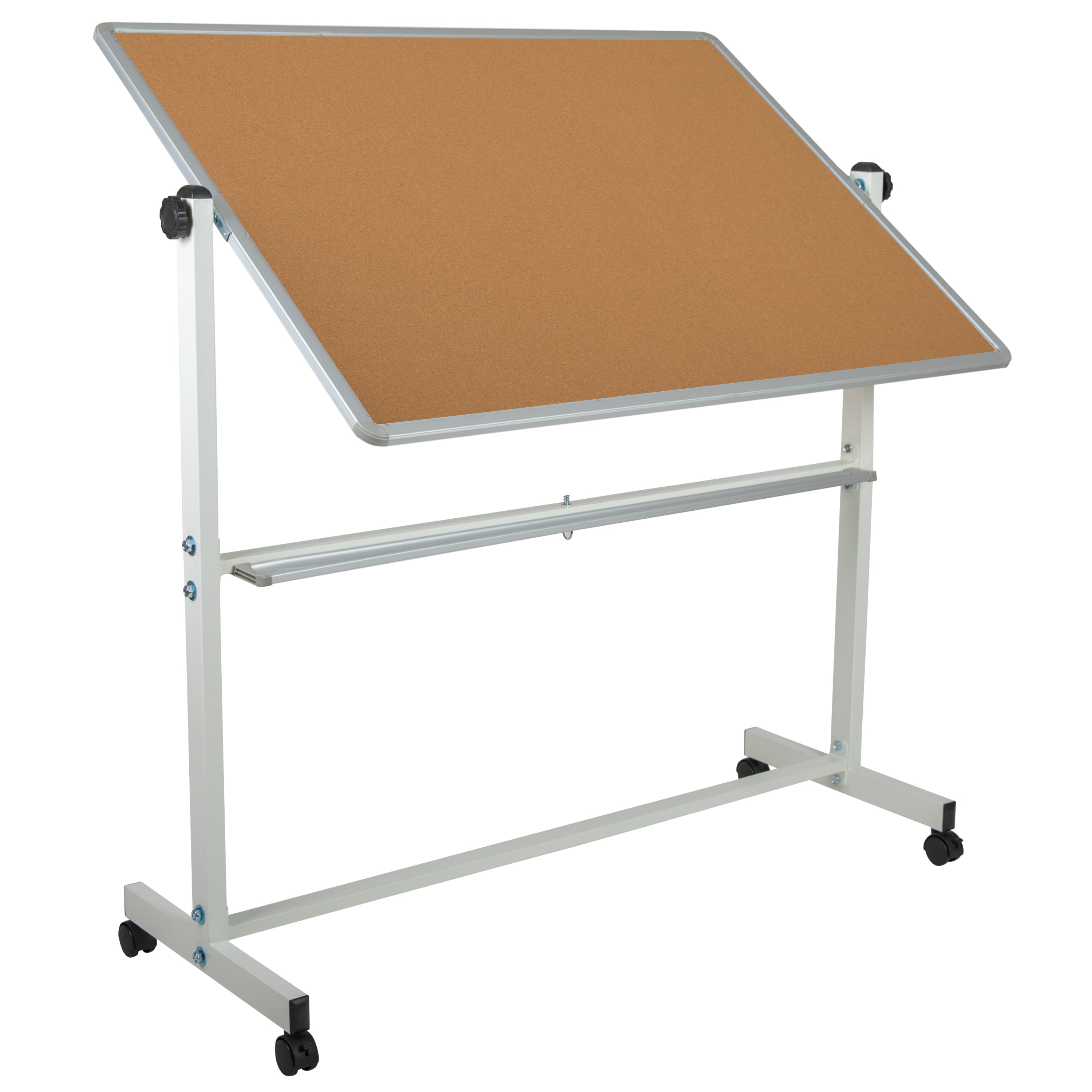 HERCULES Series 53"W x 62.5"H Reversible Mobile Cork Bulletin Board and White Board with Pen Tray