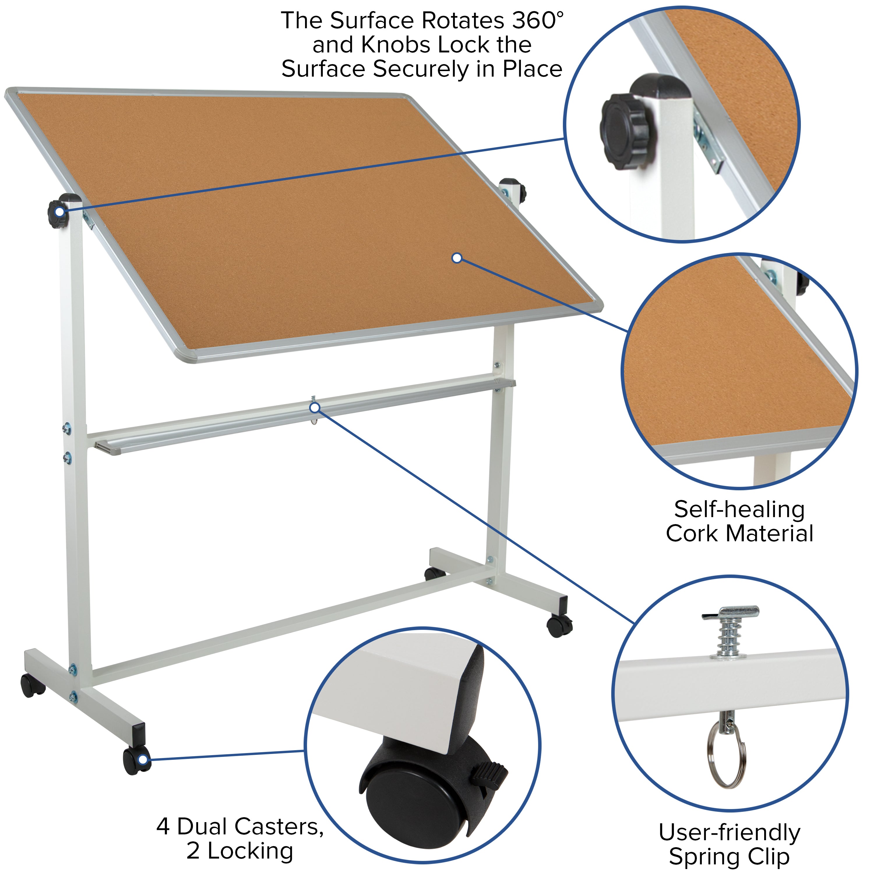 HERCULES Series 53"W x 62.5"H Reversible Mobile Cork Bulletin Board and White Board with Pen Tray