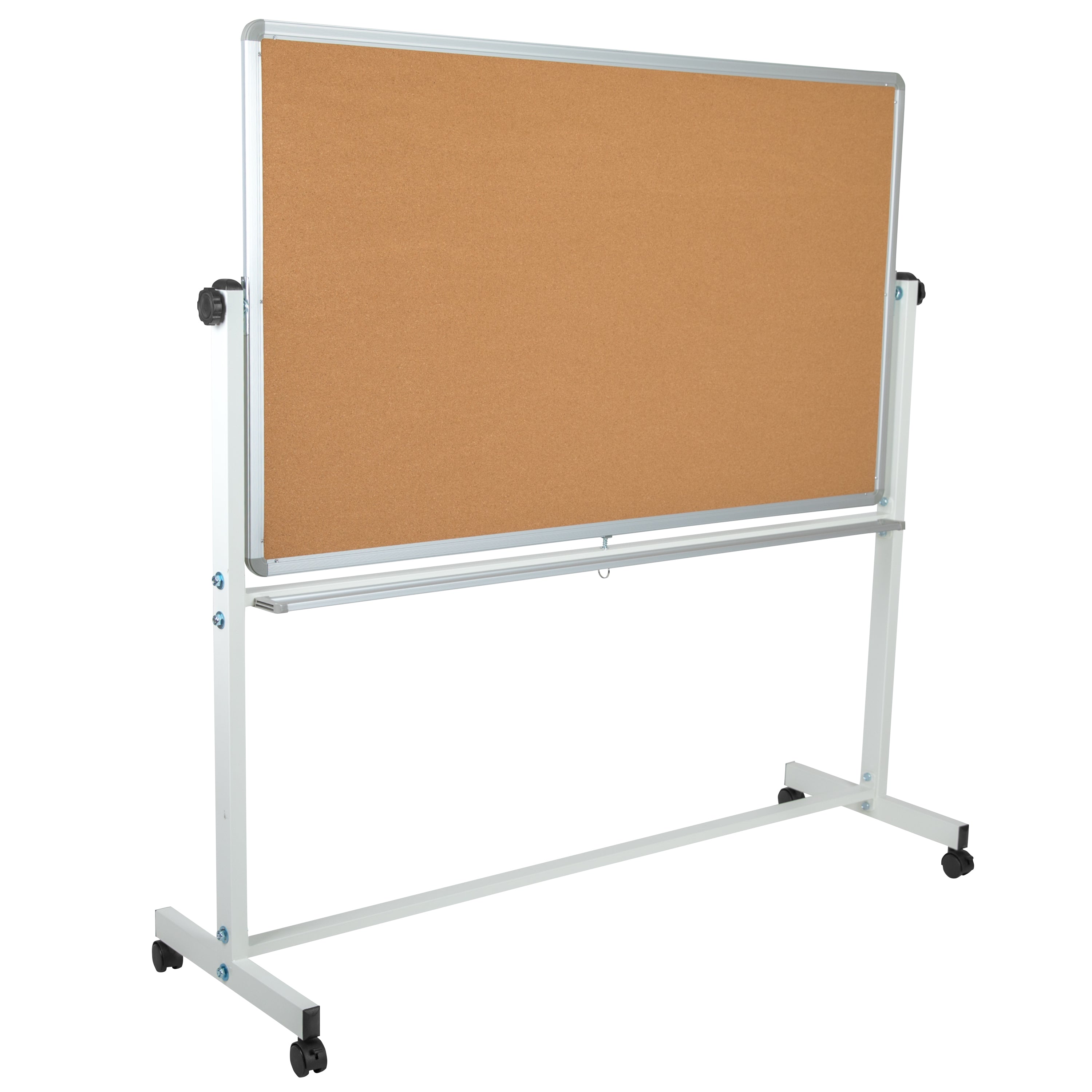 HERCULES Series 62.5"W x 62.25"H Reversible Mobile Cork Bulletin Board and White Board with Pen Tray
