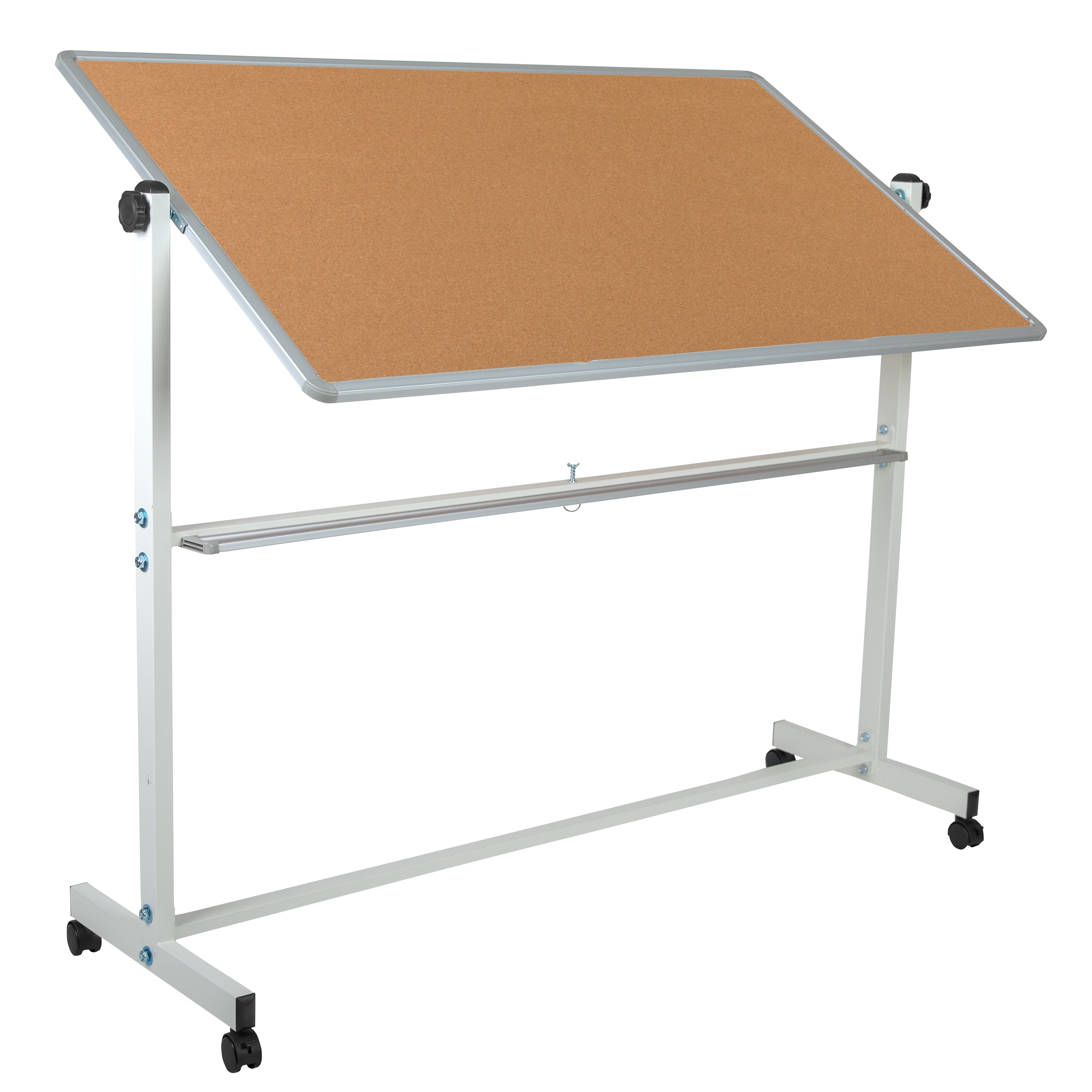 HERCULES Series 62.5"W x 62.25"H Reversible Mobile Cork Bulletin Board and White Board with Pen Tray