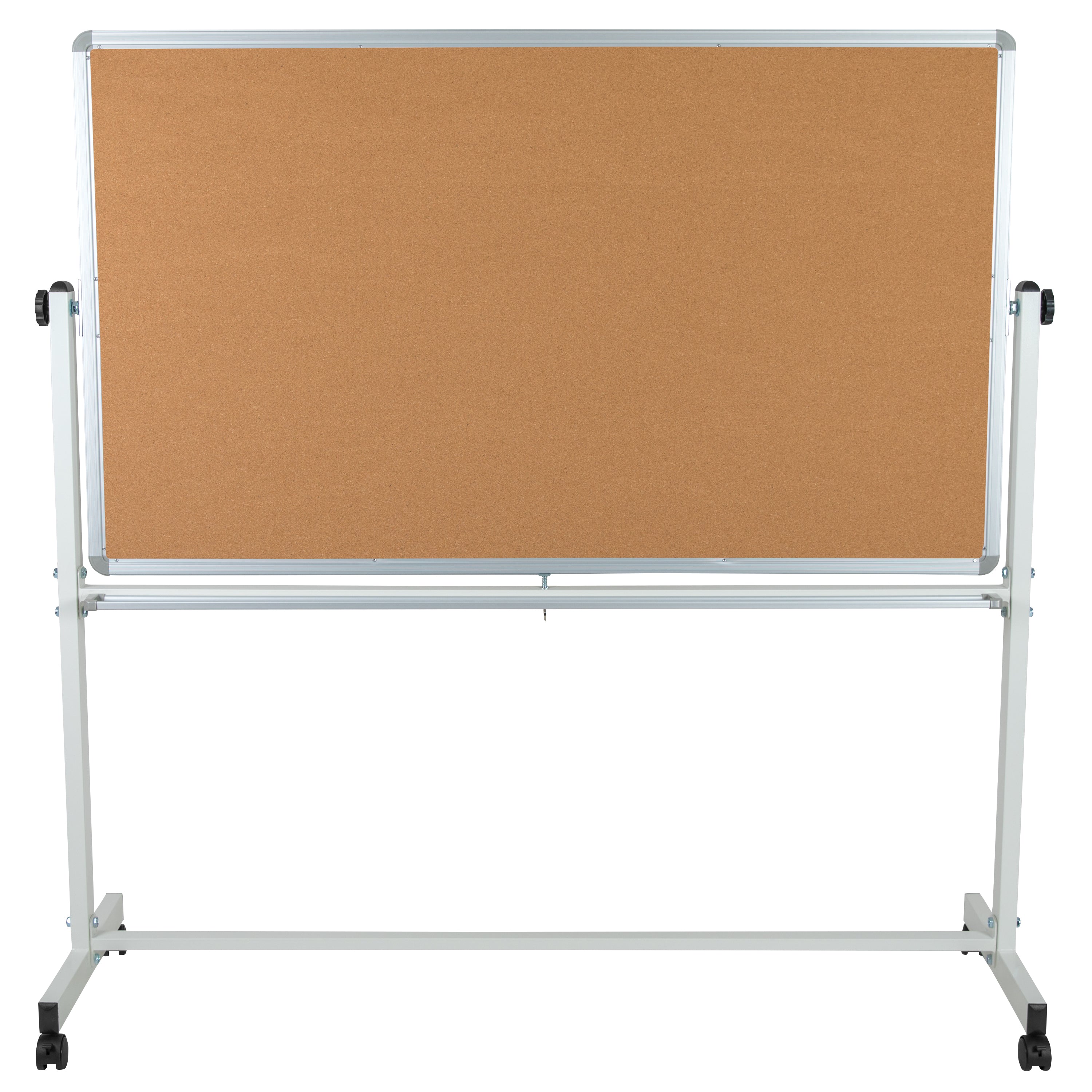HERCULES Series 62.5"W x 62.25"H Reversible Mobile Cork Bulletin Board and White Board with Pen Tray