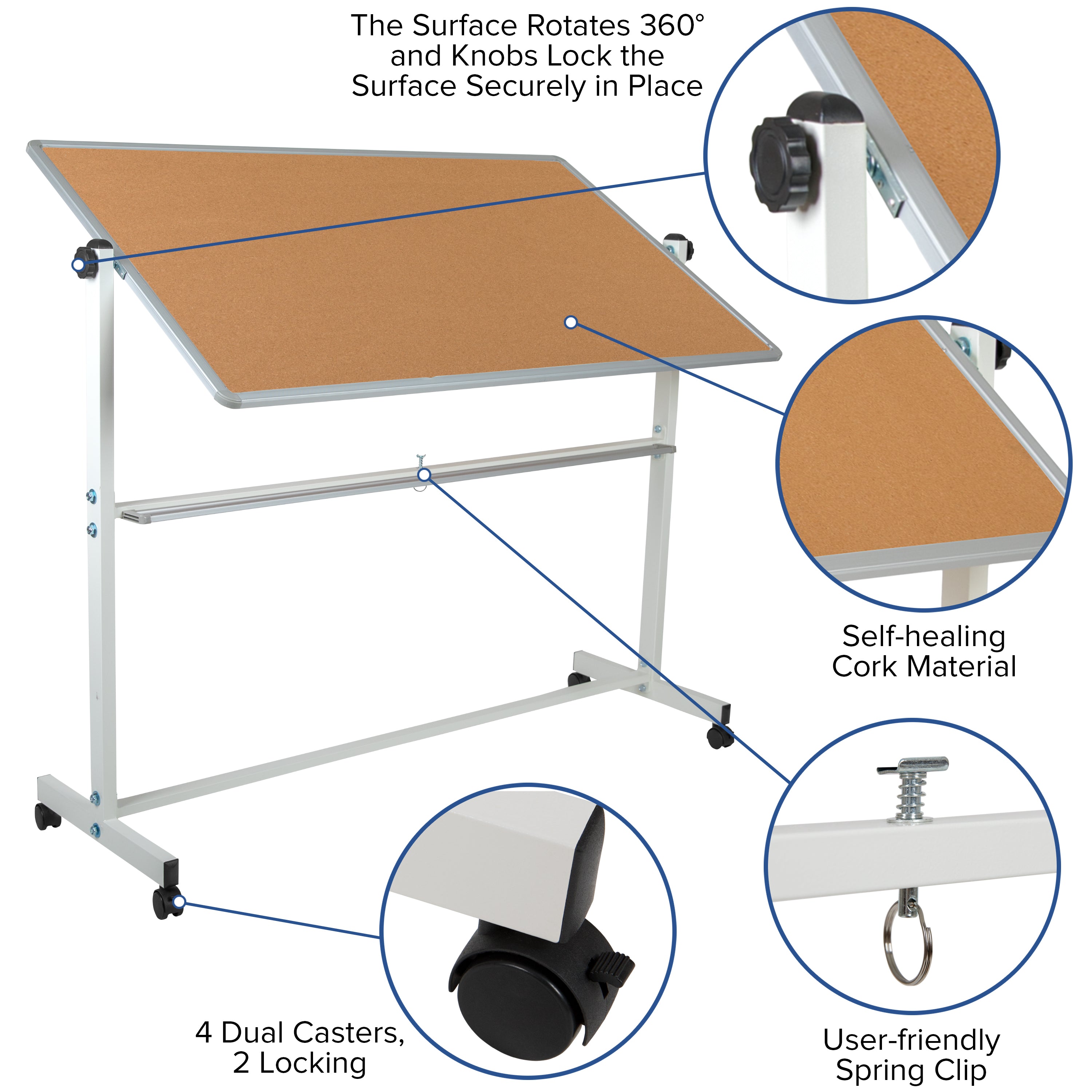 HERCULES Series 62.5"W x 62.25"H Reversible Mobile Cork Bulletin Board and White Board with Pen Tray