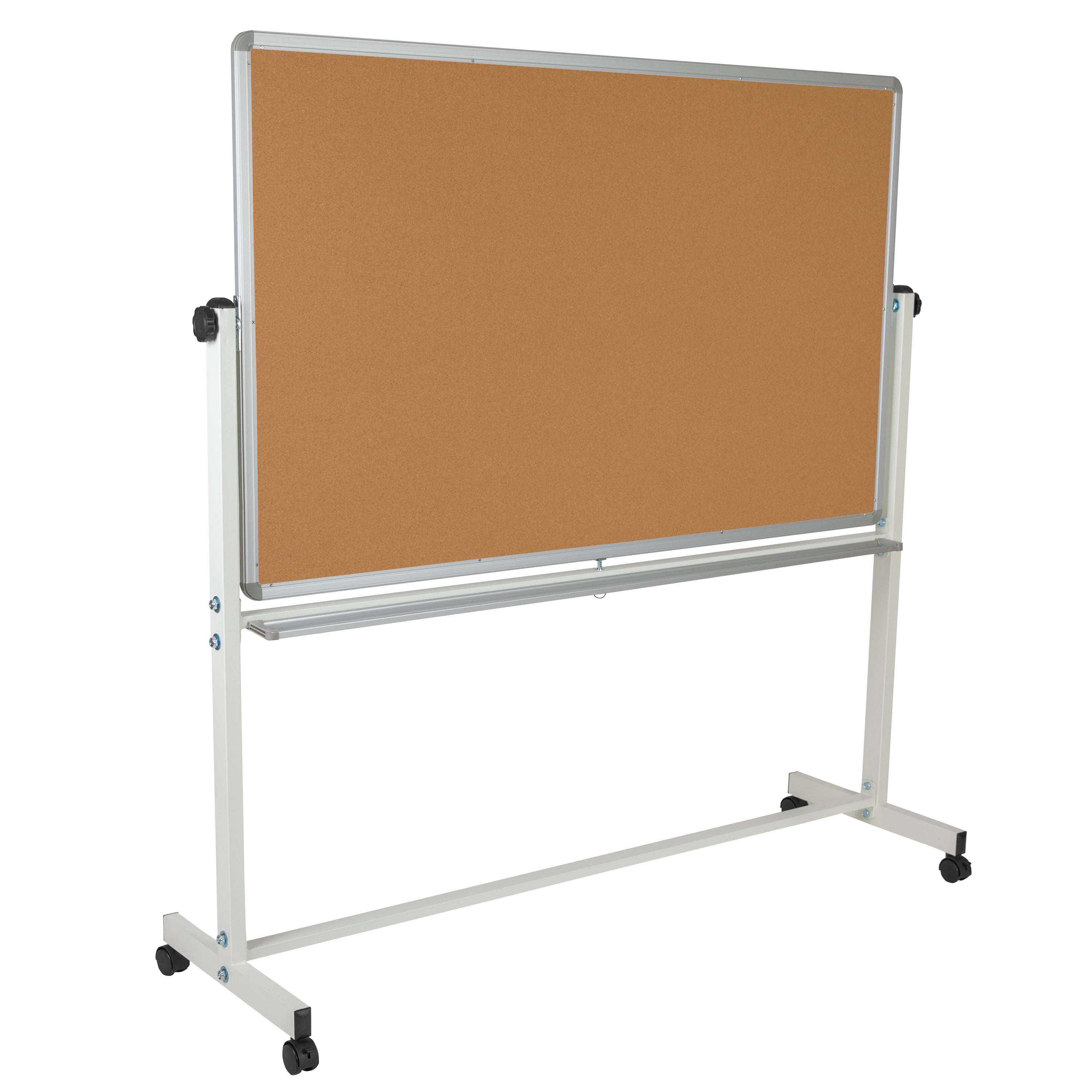 HERCULES Series 64.25"W x 64.75"H Reversible Mobile Cork Bulletin Board and White Board with Pen Tray