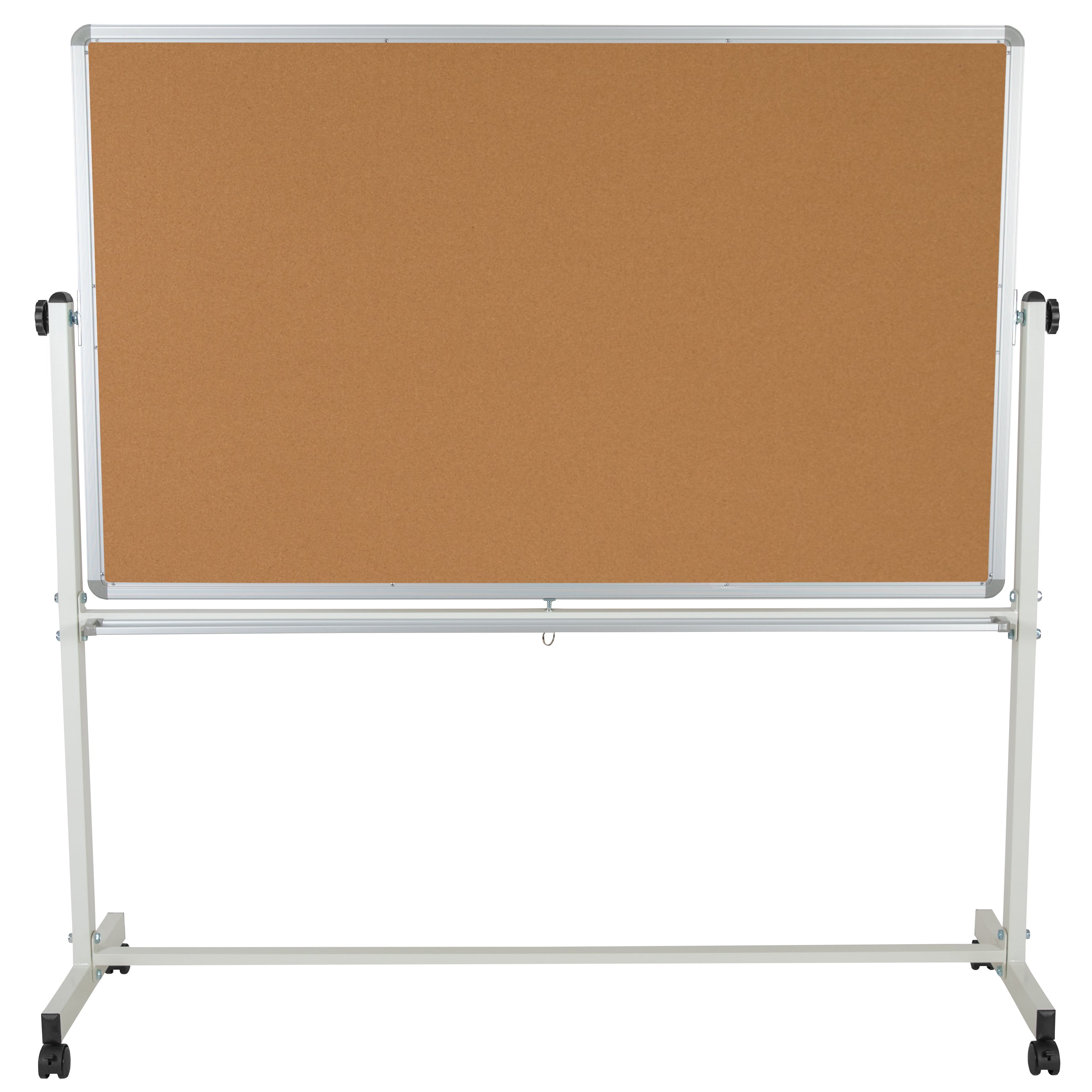 HERCULES Series 64.25"W x 64.75"H Reversible Mobile Cork Bulletin Board and White Board with Pen Tray