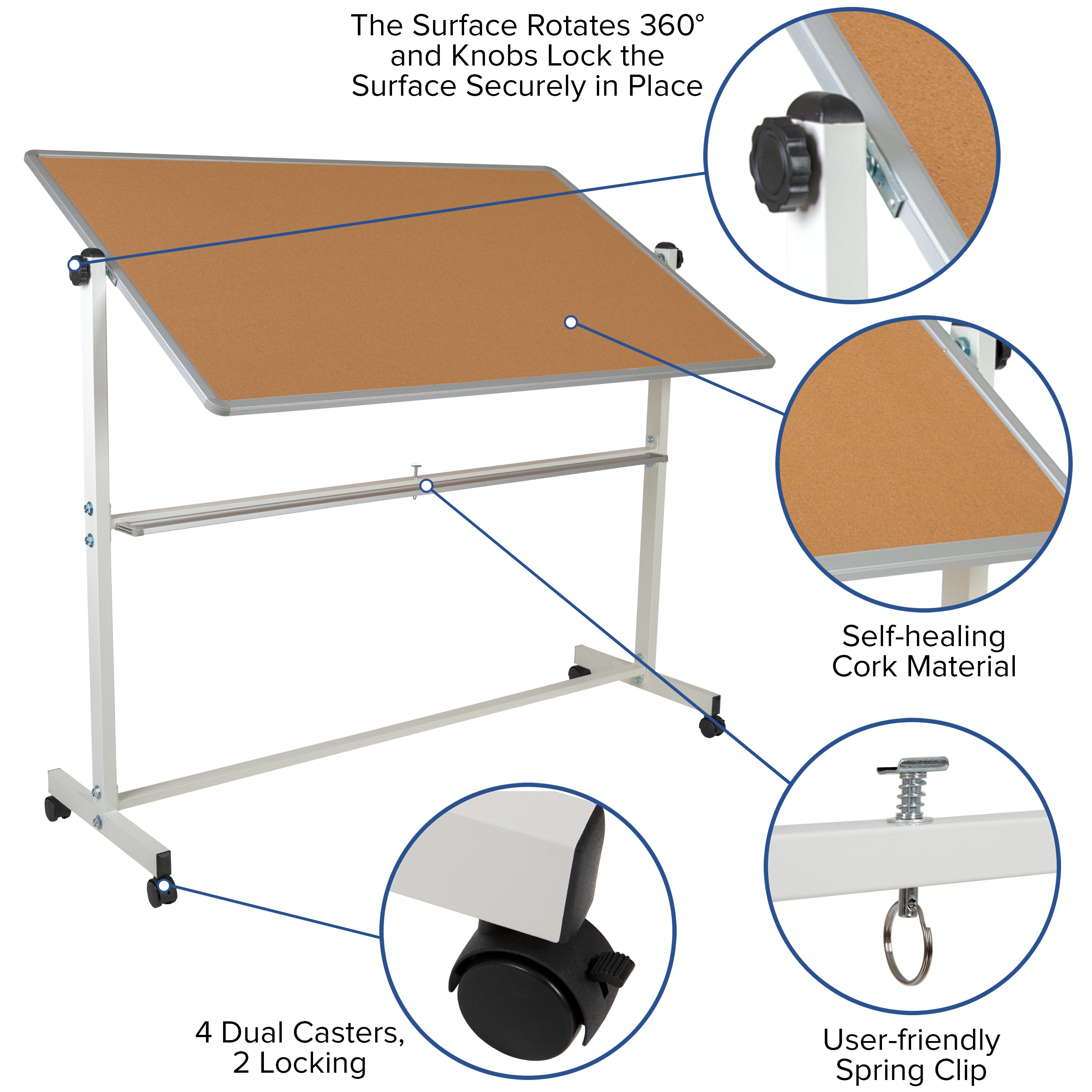 HERCULES Series 64.25"W x 64.75"H Reversible Mobile Cork Bulletin Board and White Board with Pen Tray