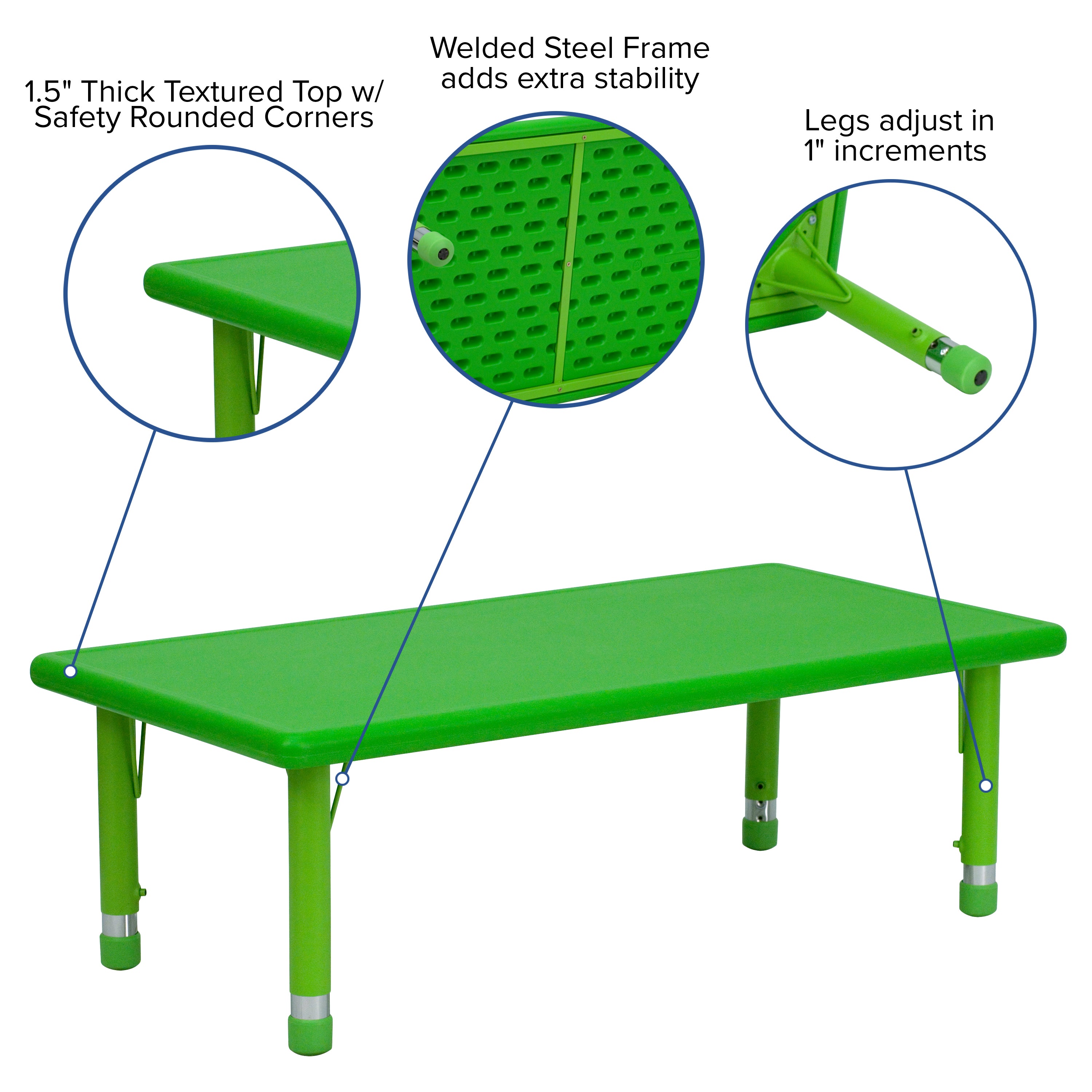 Wren 24''W x 48''L Rectangular Green Plastic Height Adjustable Activity Table